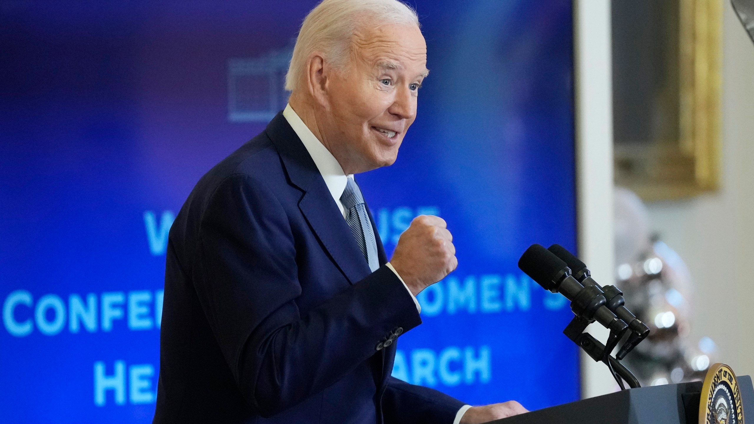 President Joe Biden speaks at the White House Conference on Women's Health Research from the East Room of the White House in Washington, Wednesday, Dec. 11, 2024. (AP Photo/Susan Walsh)