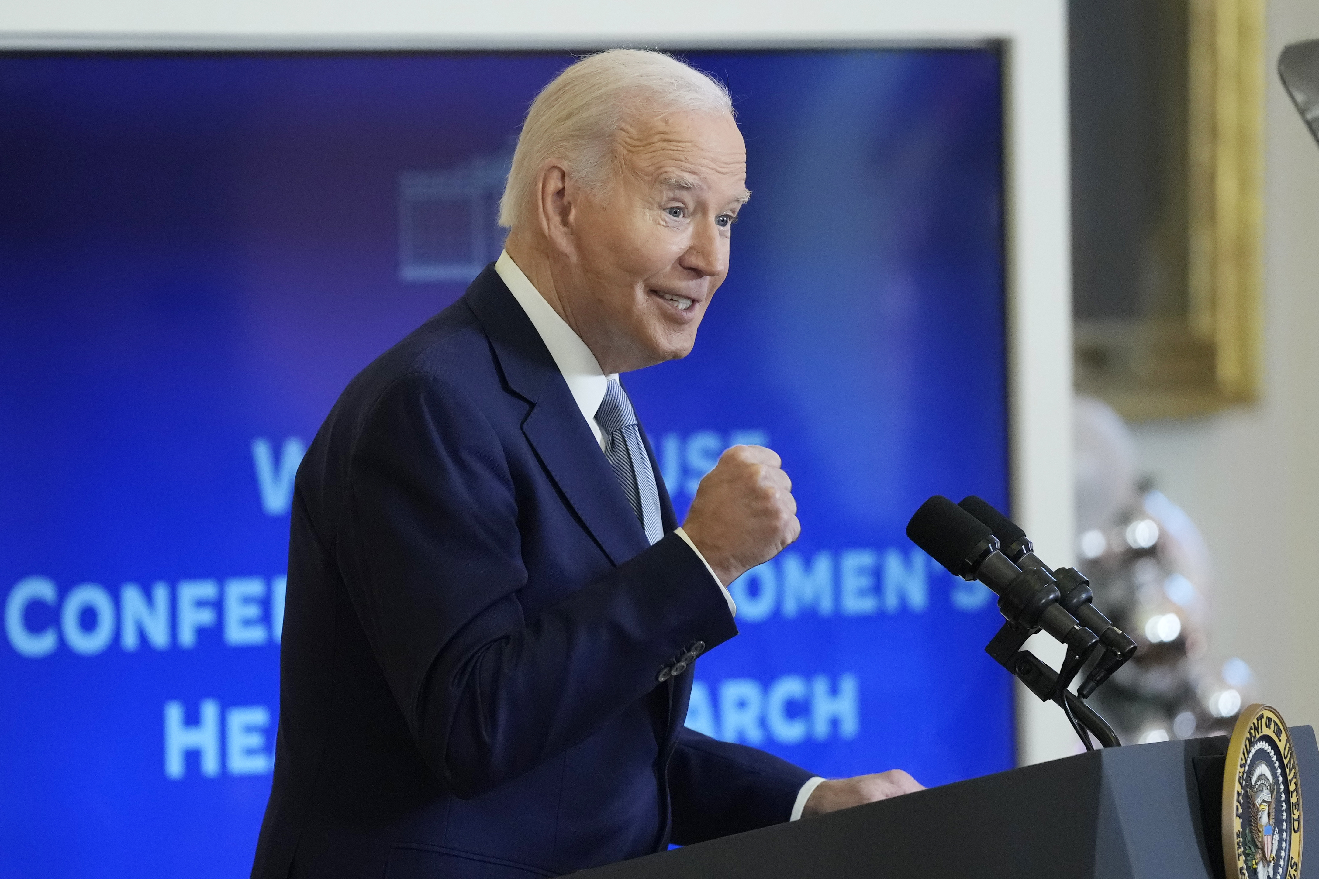 President Joe Biden speaks at the White House Conference on Women's Health Research from the East Room of the White House in Washington, Wednesday, Dec. 11, 2024. (AP Photo/Susan Walsh)