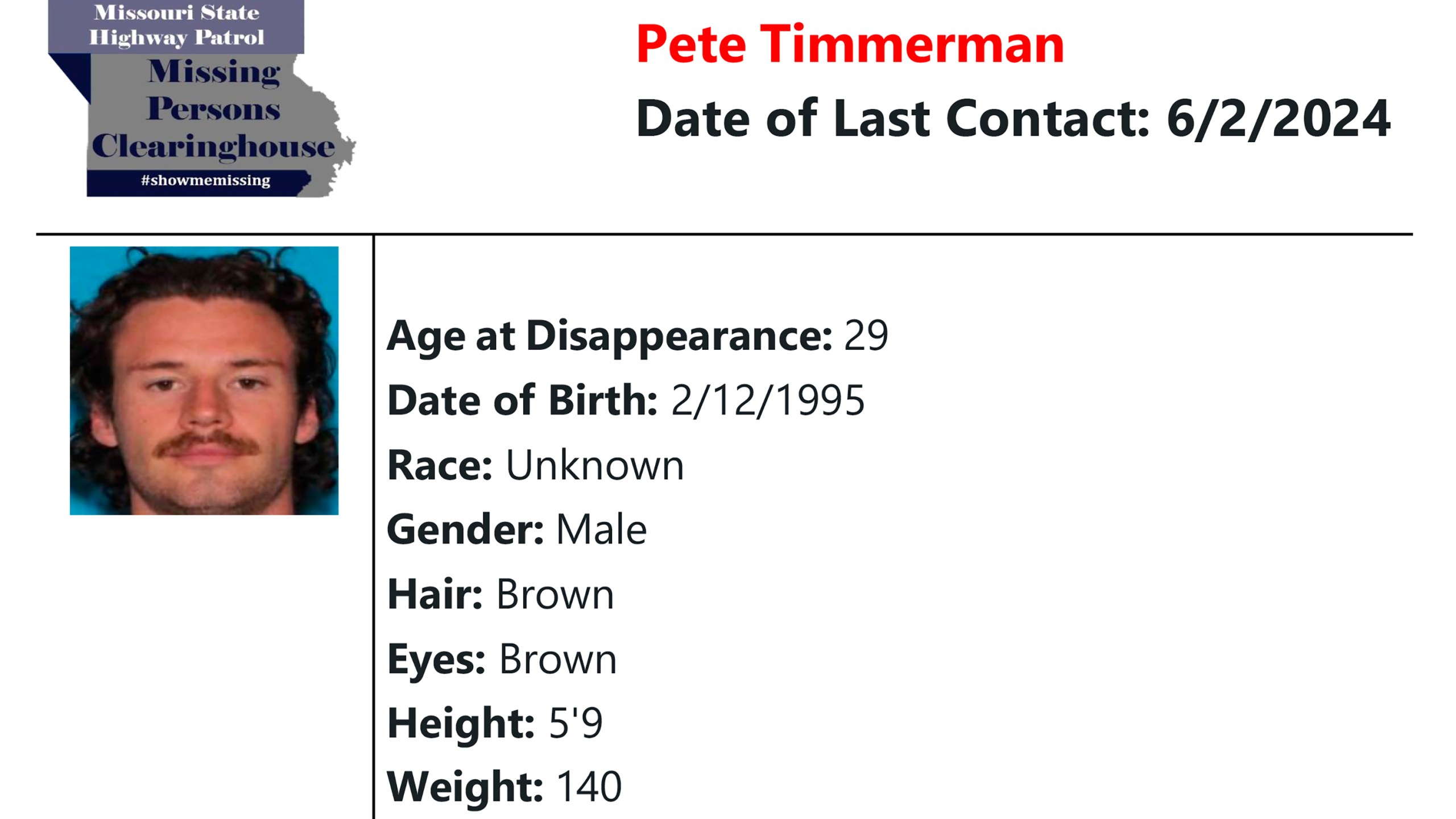 This image from the Missouri State Highway Patrol bulletin that shows Pete Travis Timmerman, who went by Travis, had been missing since June and turned up in Syria on Thursday, Dec. 12, 2024, who said he had been detained after crossing into Syria on foot seven months ago while on a Christian pilgrimage. (Missouri State Highway Patrol via AP)