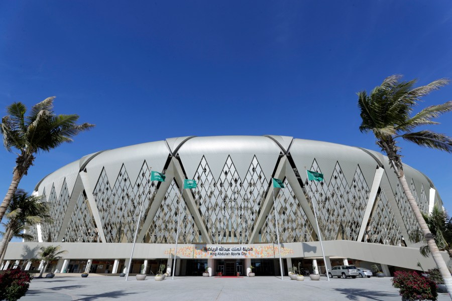 FILE - The King Abdullah sports city stadium stands in Jeddah, Saudi Arabia, Saturday, Jan. 11, 2020, on the eve of the Spanish Super Cup Final soccer match between Real Madrid and Atletico Madrid. (AP Photo/Hassan Ammar, File)