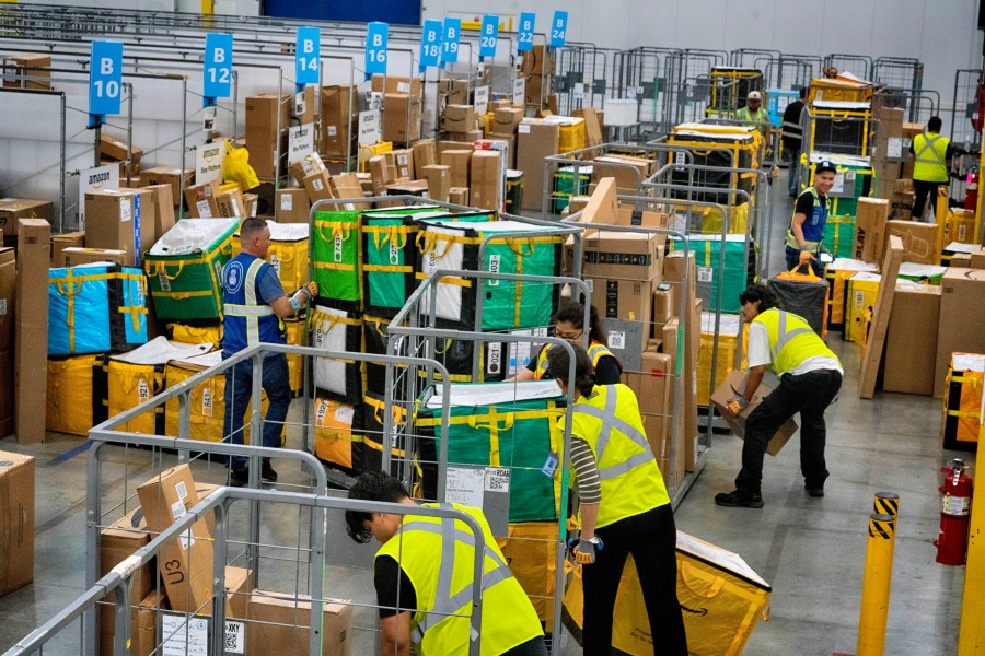 FILE - Amazon employees load packages on carts before being put on to trucks for distribution for Amazon's annual Prime Day event at an Amazon's DAX7 delivery station on July 16, 2024, in South Gate, Calif. (AP Photo/Richard Vogel, File)