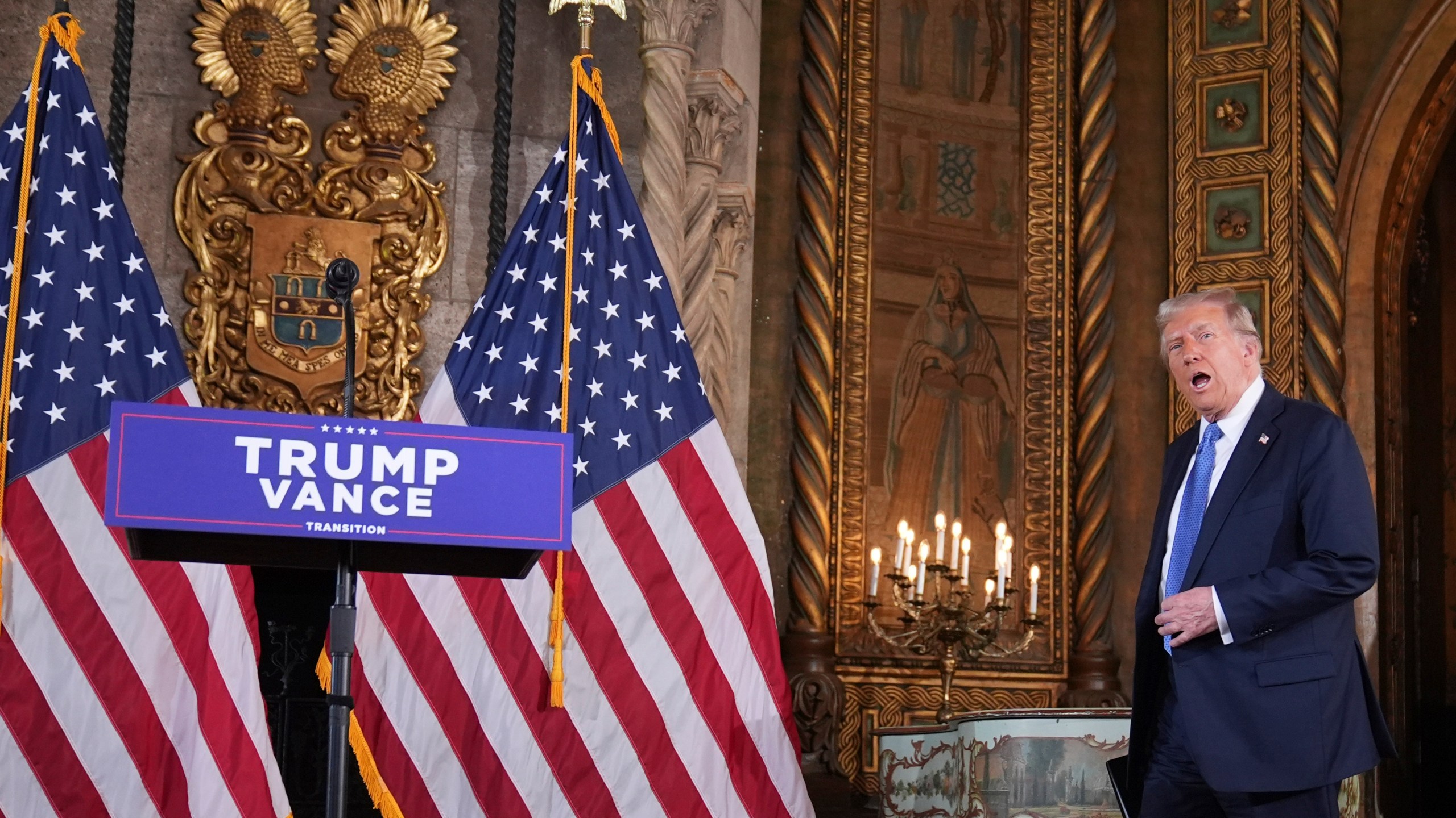 President-elect Donald Trump arrives for a news conference at Mar-a-Lago, Monday, Dec. 16, 2024, in Palm Beach, Fla. (AP Photo/Evan Vucci)