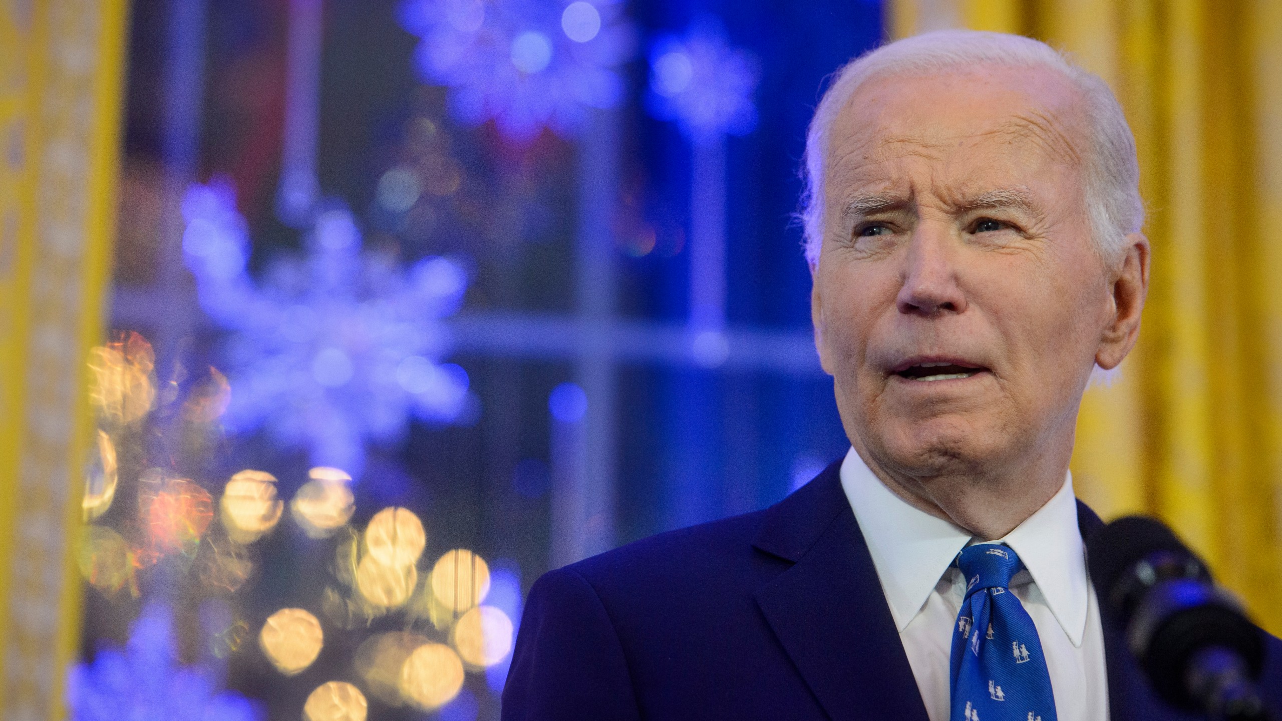 President Joe Biden speaks during a Hanukkah reception in the East Room of the White House in Washington, Monday, Dec. 16, 2024. (AP Photo/Rod Lamkey, Jr.)