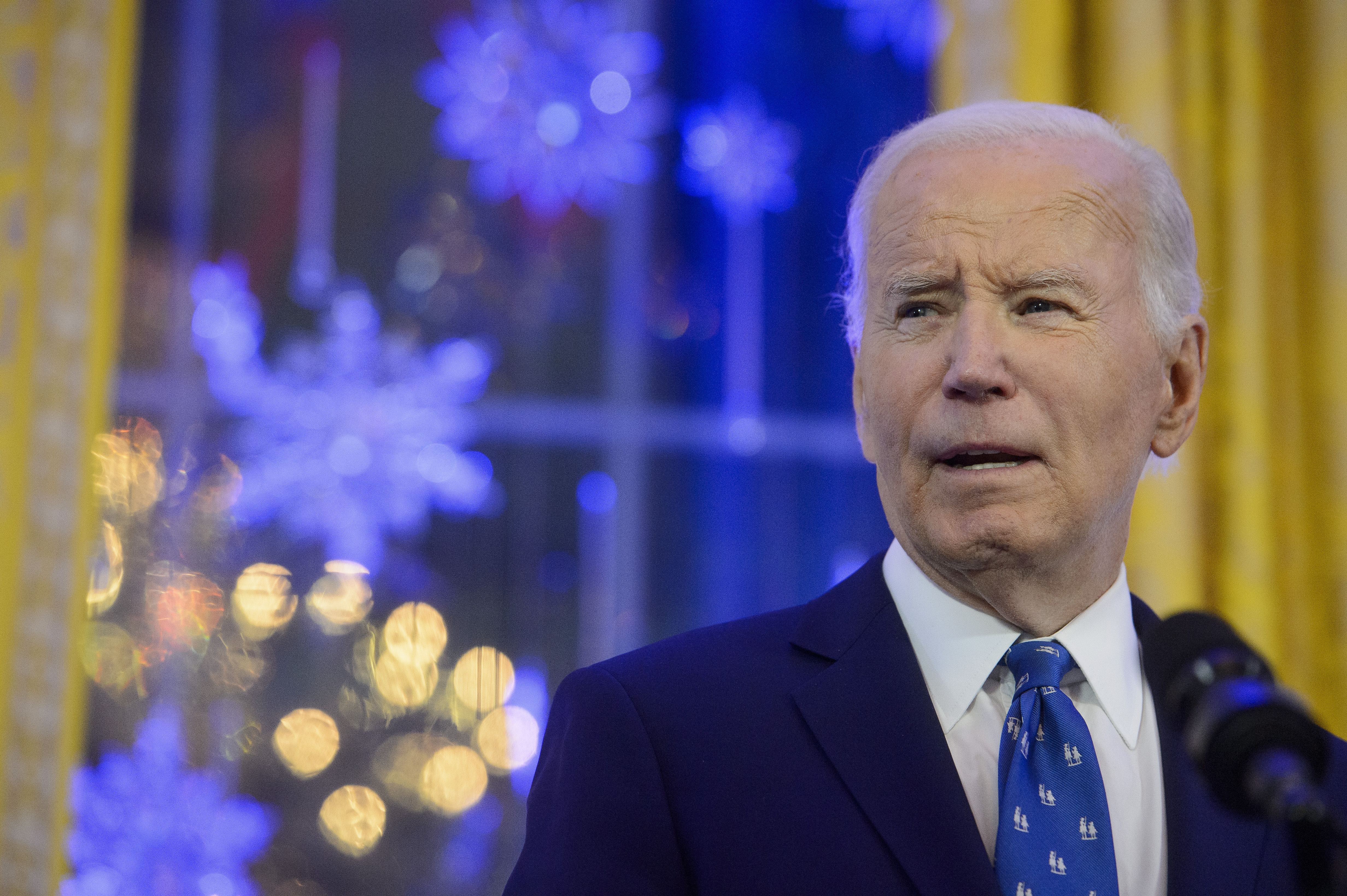 President Joe Biden speaks during a Hanukkah reception in the East Room of the White House in Washington, Monday, Dec. 16, 2024. (AP Photo/Rod Lamkey, Jr.)