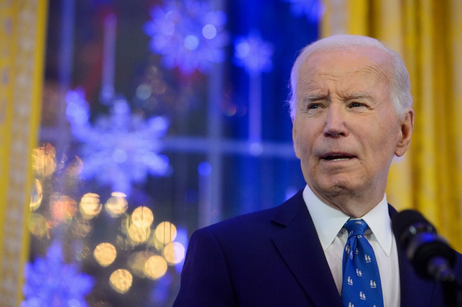 President Joe Biden speaks during a Hanukkah reception in the East Room of the White House in Washington, Monday, Dec. 16, 2024. (AP Photo/Rod Lamkey, Jr.)