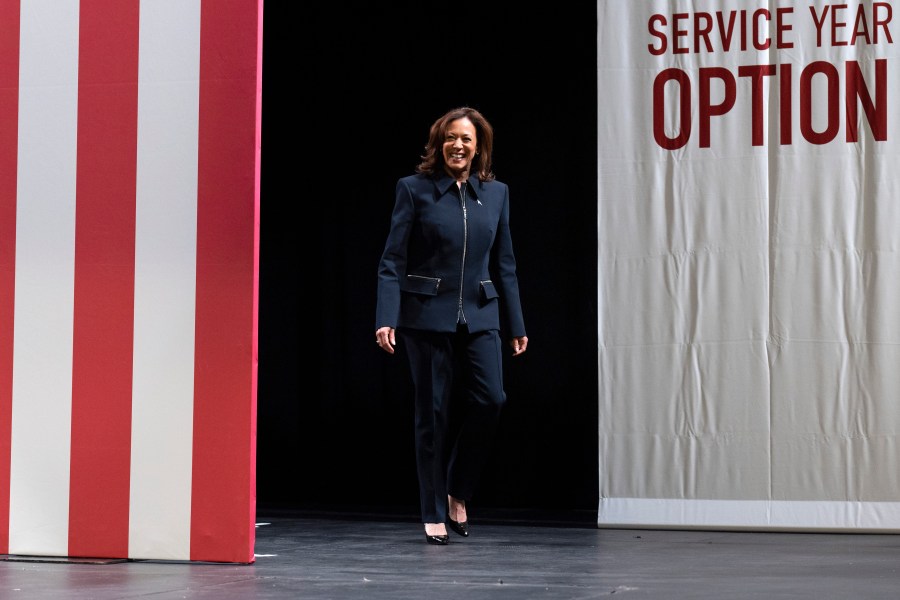 Vice President Kamala Harris arrives to speak to students and recent graduates at Prince George's Community College, in Largo, Md., Tuesday, Dec. 17, 2024. (AP Photo/Jacquelyn Martin)