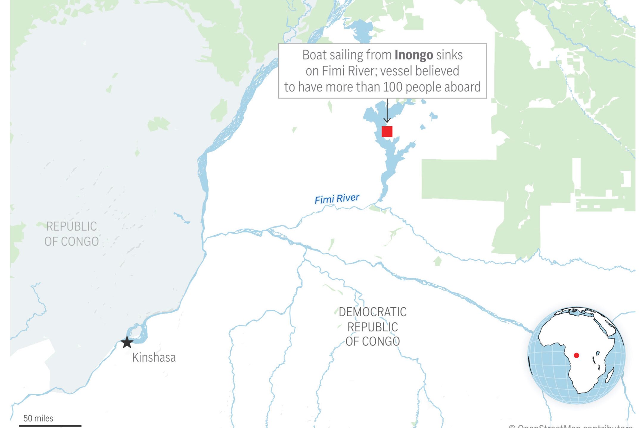 A vessel believed to be overcrowded capsized as it made its way along the Fimi River, the latest such tragedy to strike Congo. (AP Graphic)