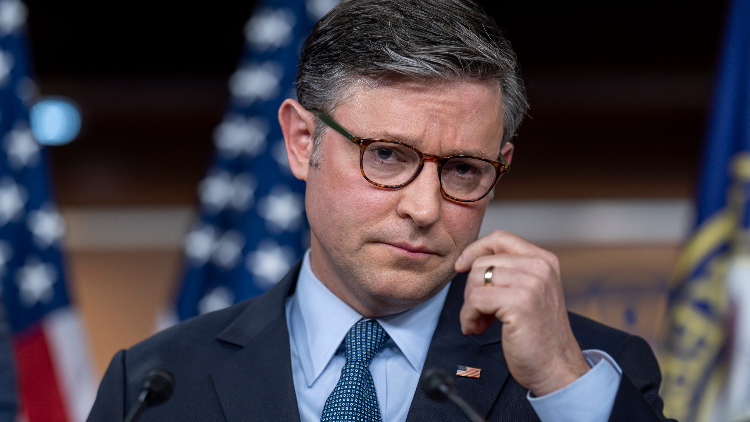 Speaker of the House Mike Johnson, R-La., speaks to reporters at the Capitol in Washington, Tuesday, Dec. 17, 2024. (AP Photo/J. Scott Applewhite)