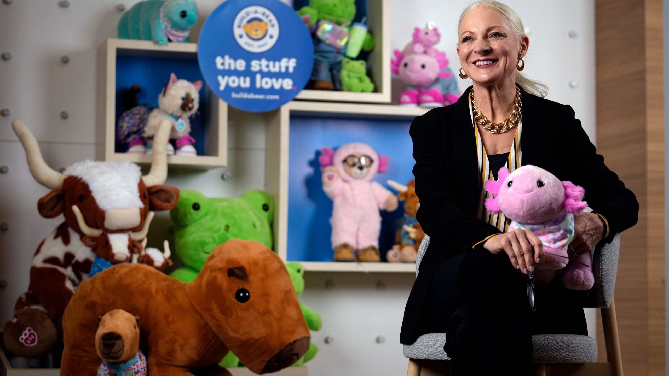 Sharon Price John, President and CEO of Build-A-Bear Workshop, poses for a photo Thursday, Dec. 12, 2024, in St. Louis. (AP Photo/Jeff Roberson)