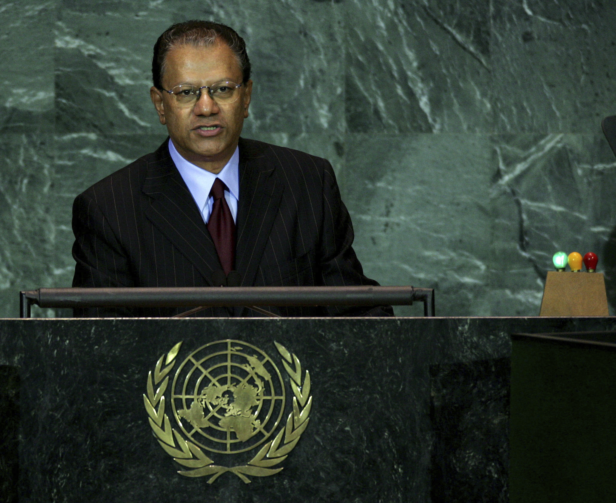 FILE - The Prime Minister of Mauritius, Navinchandra Ramgoolam, addresses the United Nations General Assembly at the U.N. headquarters in New York, Monday, Sept. 19, 2005. (AP Photo/John Marshall Mantel, File)