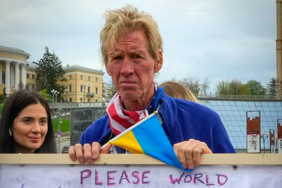 FILE - Ryan Wesley Routh takes part in a rally in central Kyiv, Ukraine, April 30, 2022. (AP Photo/Efrem Lukatsky, File)