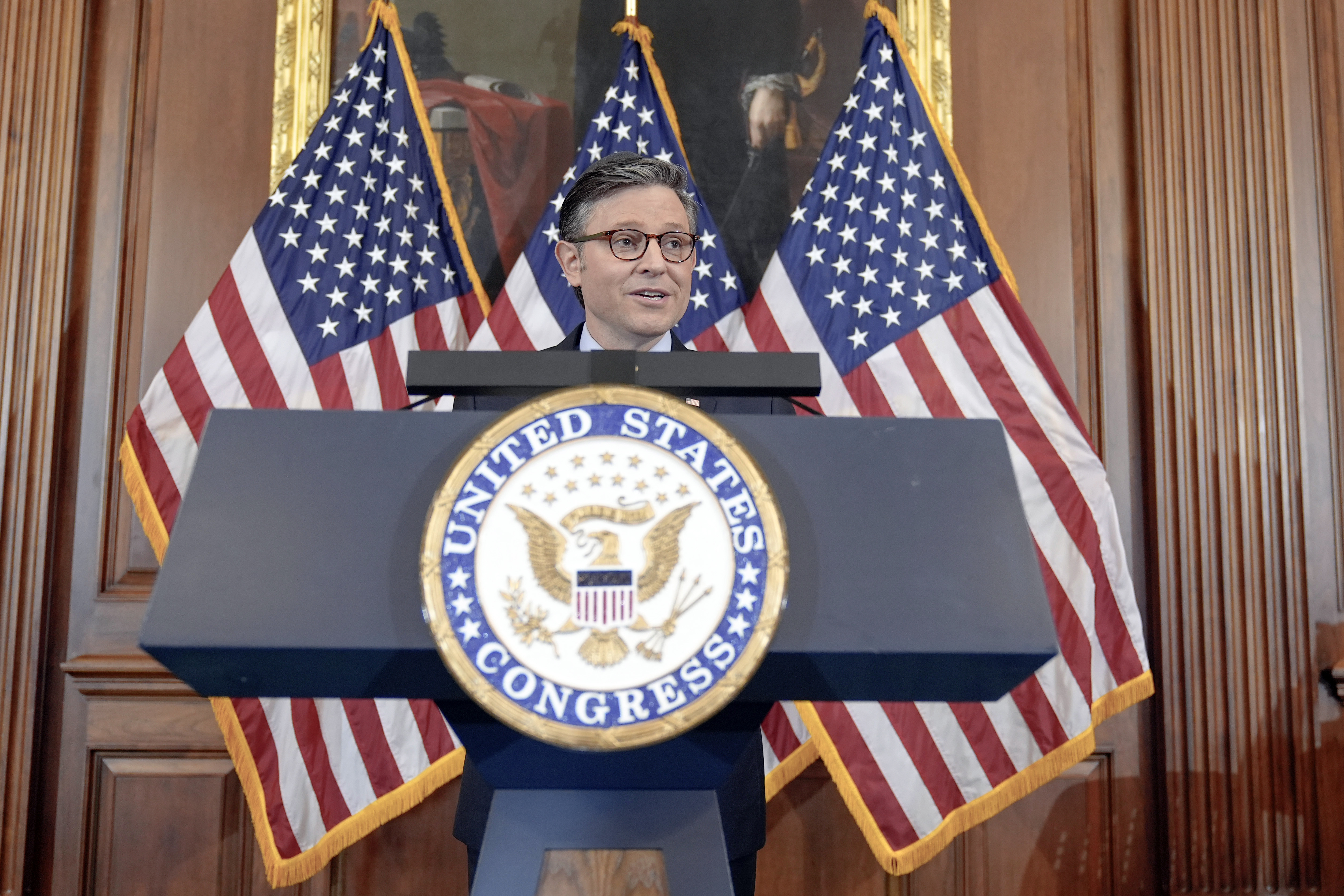 Speaker of the House Mike Johnson, R-La., speaks during a U.S. Capitol Hanukkah event with a ceremonial Menorah lighting to commemorate the upcoming eight-day festival of Hanukkah on Capitol Hill Tuesday, Dec. 17, 2024, in Washington. (AP Photo/Mariam Zuhaib)