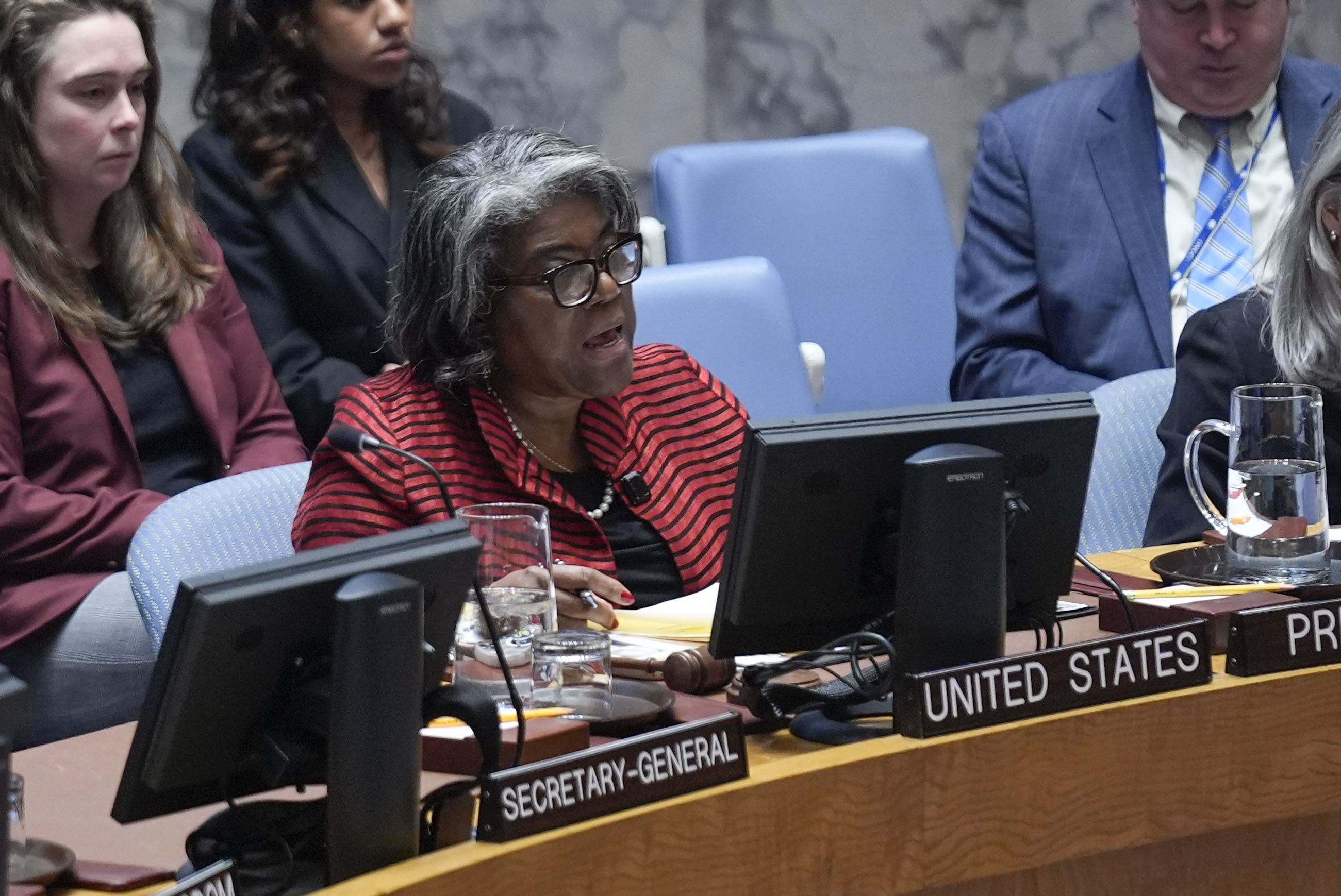 Linda Thomas-Greenfield, United States Ambassador to the United Nations, speaks during a Security Council meeting at United Nations headquarters, Wednesday, Dec. 18, 2024. (AP Photo/Seth Wenig)