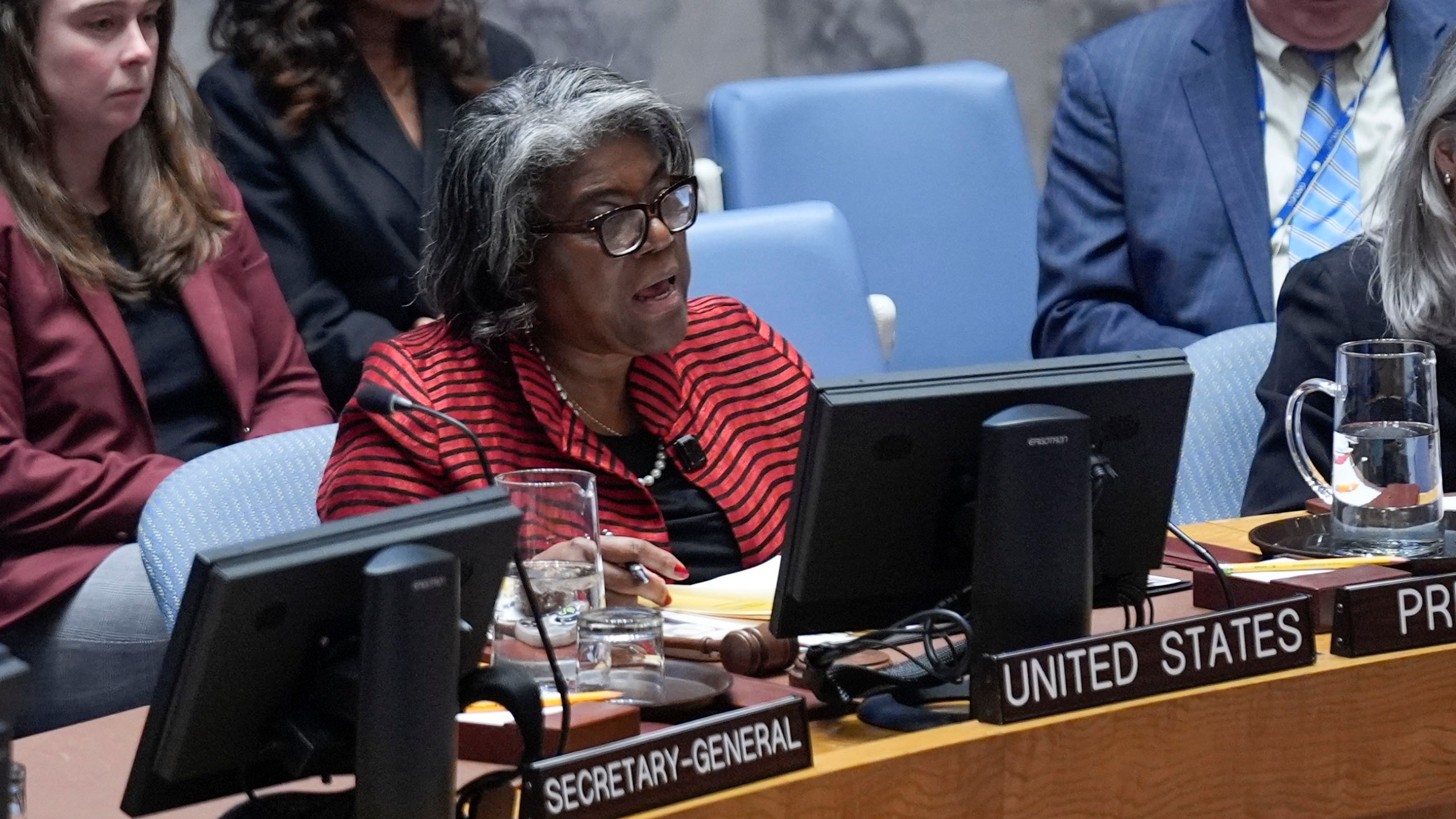 Linda Thomas-Greenfield, United States Ambassador to the United Nations, speaks during a Security Council meeting at United Nations headquarters, Wednesday, Dec. 18, 2024. (AP Photo/Seth Wenig)