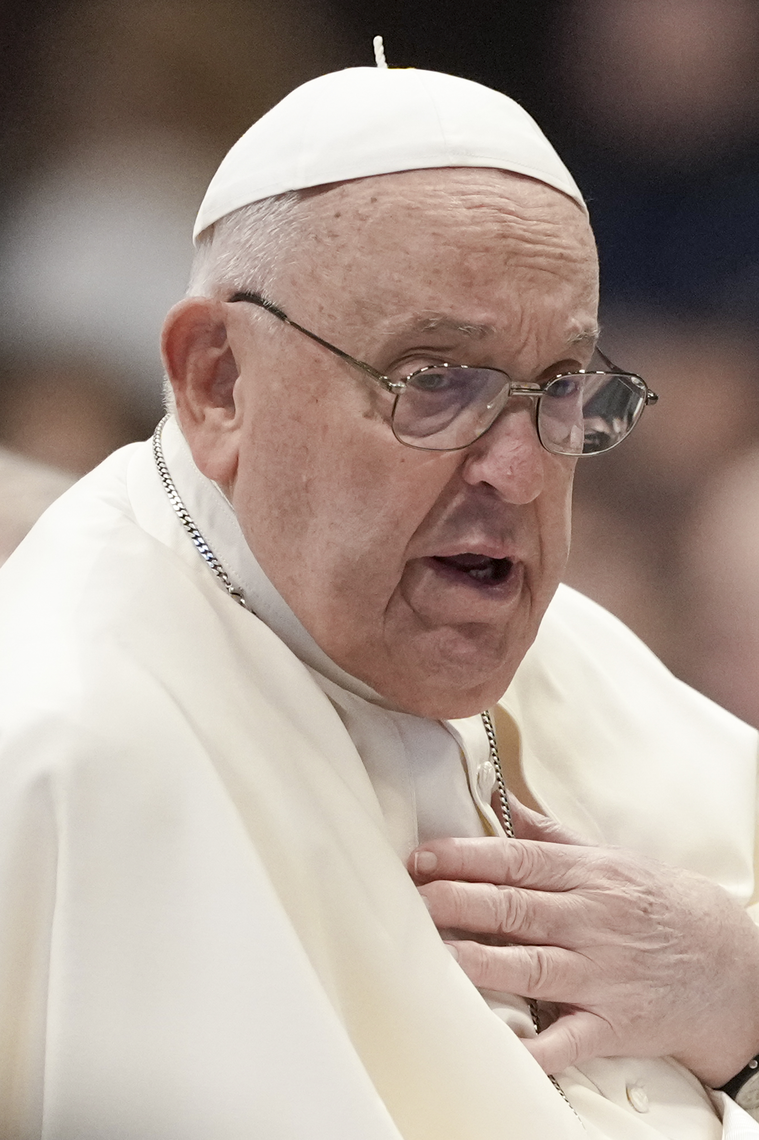 Pope Francis meets with Italian pilgrims participating in the Camino de Santiago, in St. Peter's Basilica at the Vatican, Thursday, Dec. 19, 2024. (AP Photo/Andrew Medichini)