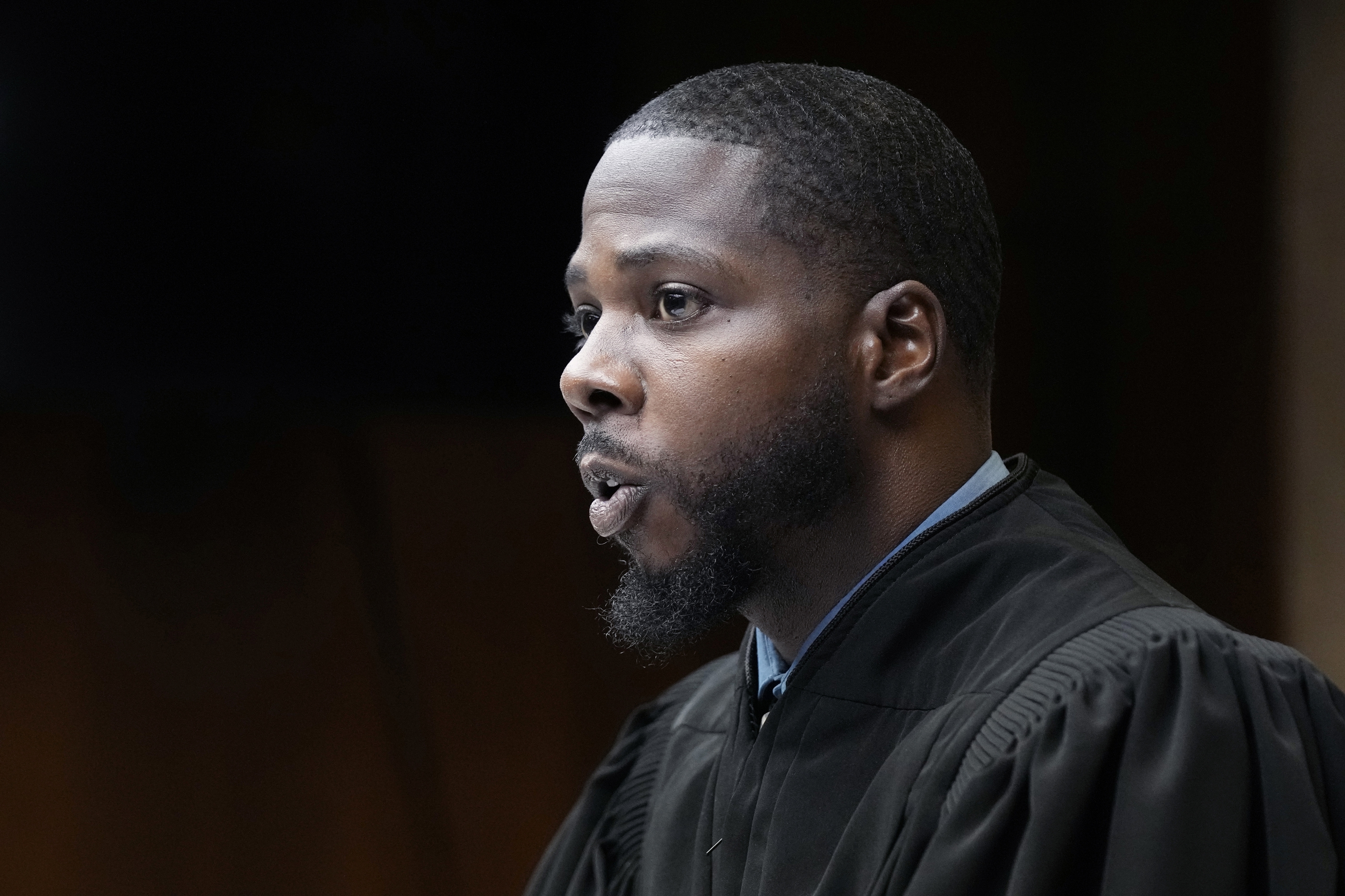 FILE - Judge Kwame Rowe presides over the sentencing hearing of Ethan Crumbley, Friday, Dec. 8, 2023, in Pontiac, Mich. (AP Photo/Carlos Osorio, Pool, File)