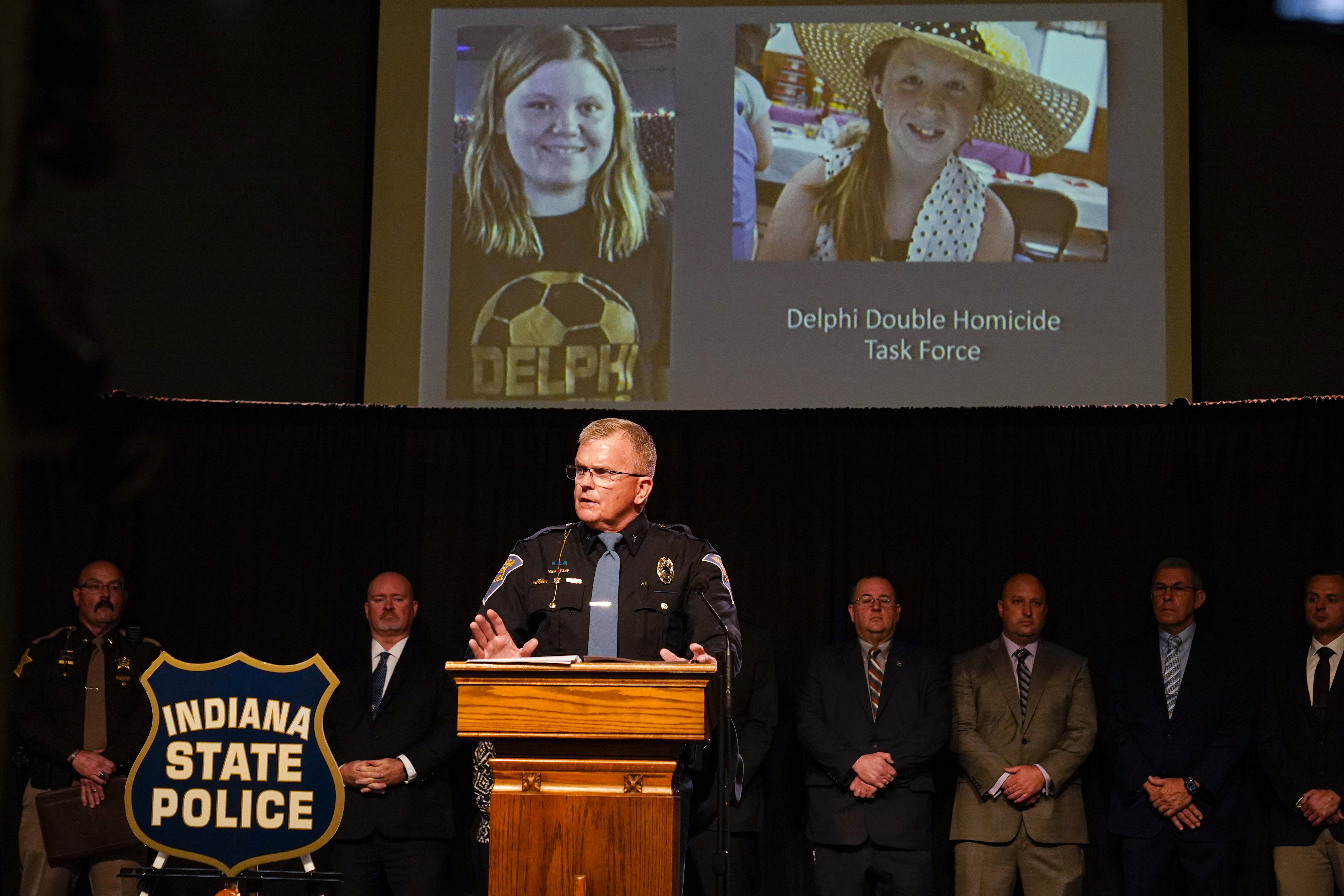 FILE - Indiana State Police Superintendent Doug Carter announces the arrest of Richard Allen for the murders of two teenage girls killed in 2017, during a news conference in Delphi, Ind., Oct. 31, 2022. (AP Photo/Michael Conroy, File)