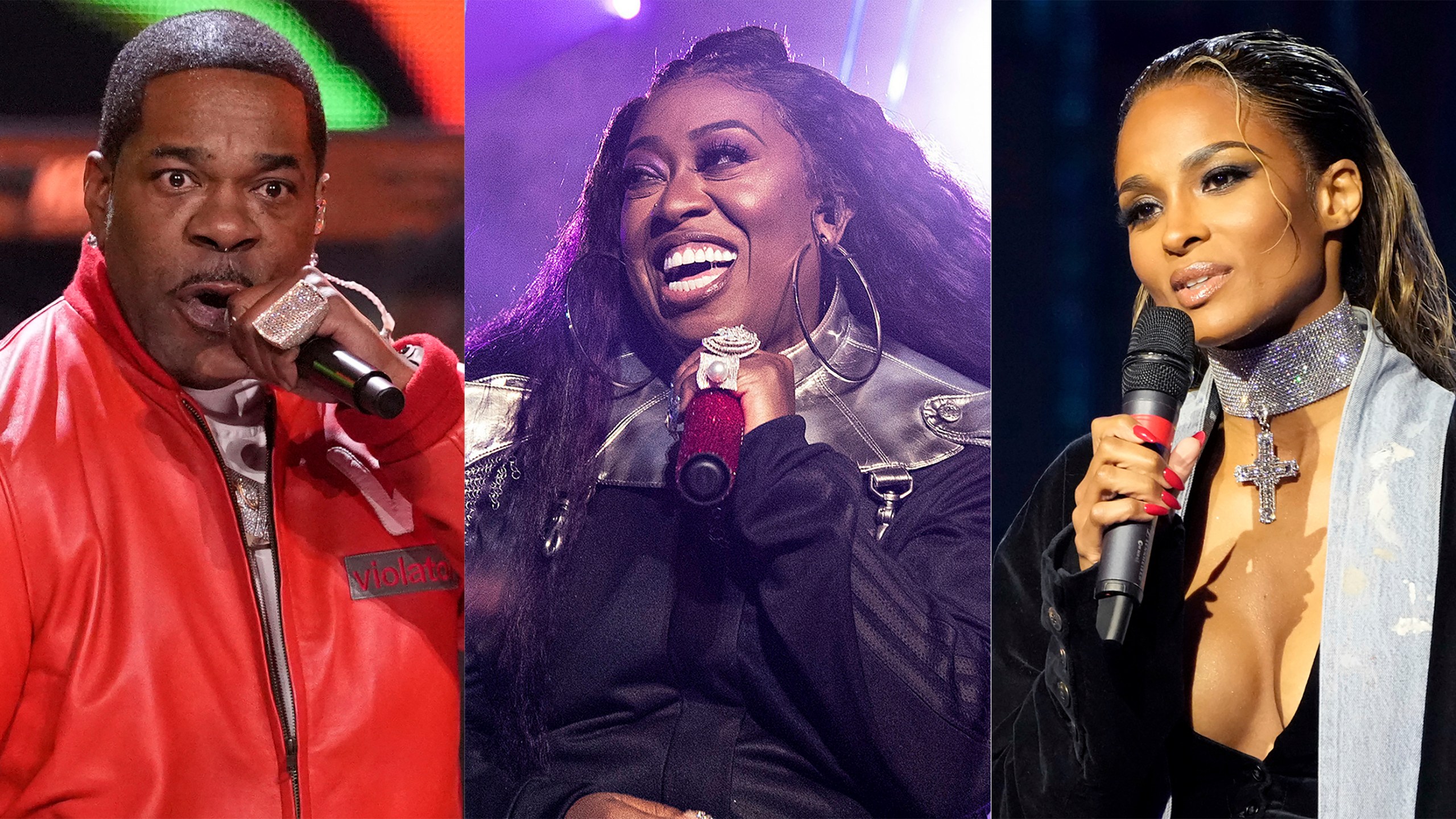 Busta Rhymes performs during the 39th Annual Rock & Roll Hall of Fame Induction Ceremony in Cleveland on Oct. 19, 2024, left, Missy Elliott performs at the 2019 Essence Festival in New Orleans on July 5, 2019, center, and Ciara appears at the Black Music Collective in Los Angeles on Feb. 2, 2023. (AP Photo)