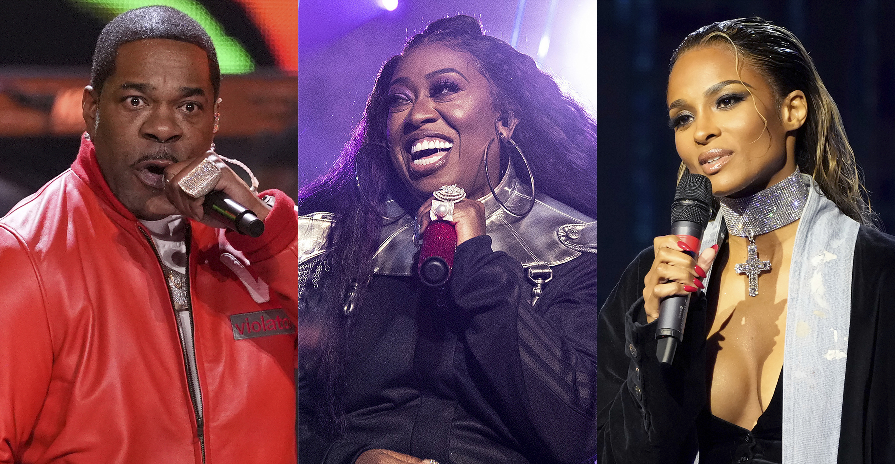 Busta Rhymes performs during the 39th Annual Rock & Roll Hall of Fame Induction Ceremony in Cleveland on Oct. 19, 2024, left, Missy Elliott performs at the 2019 Essence Festival in New Orleans on July 5, 2019, center, and Ciara appears at the Black Music Collective in Los Angeles on Feb. 2, 2023. (AP Photo)