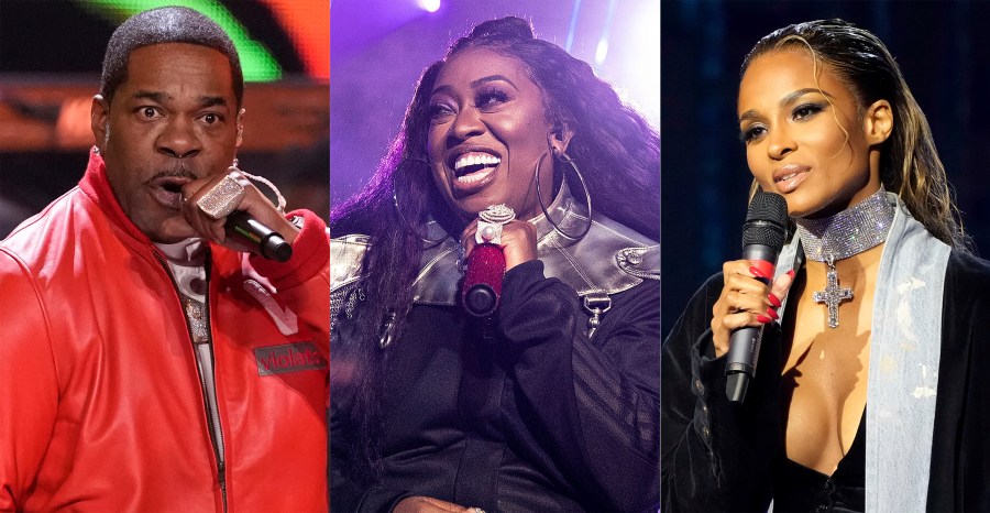 Busta Rhymes performs during the 39th Annual Rock & Roll Hall of Fame Induction Ceremony in Cleveland on Oct. 19, 2024, left, Missy Elliott performs at the 2019 Essence Festival in New Orleans on July 5, 2019, center, and Ciara appears at the Black Music Collective in Los Angeles on Feb. 2, 2023. (AP Photo)