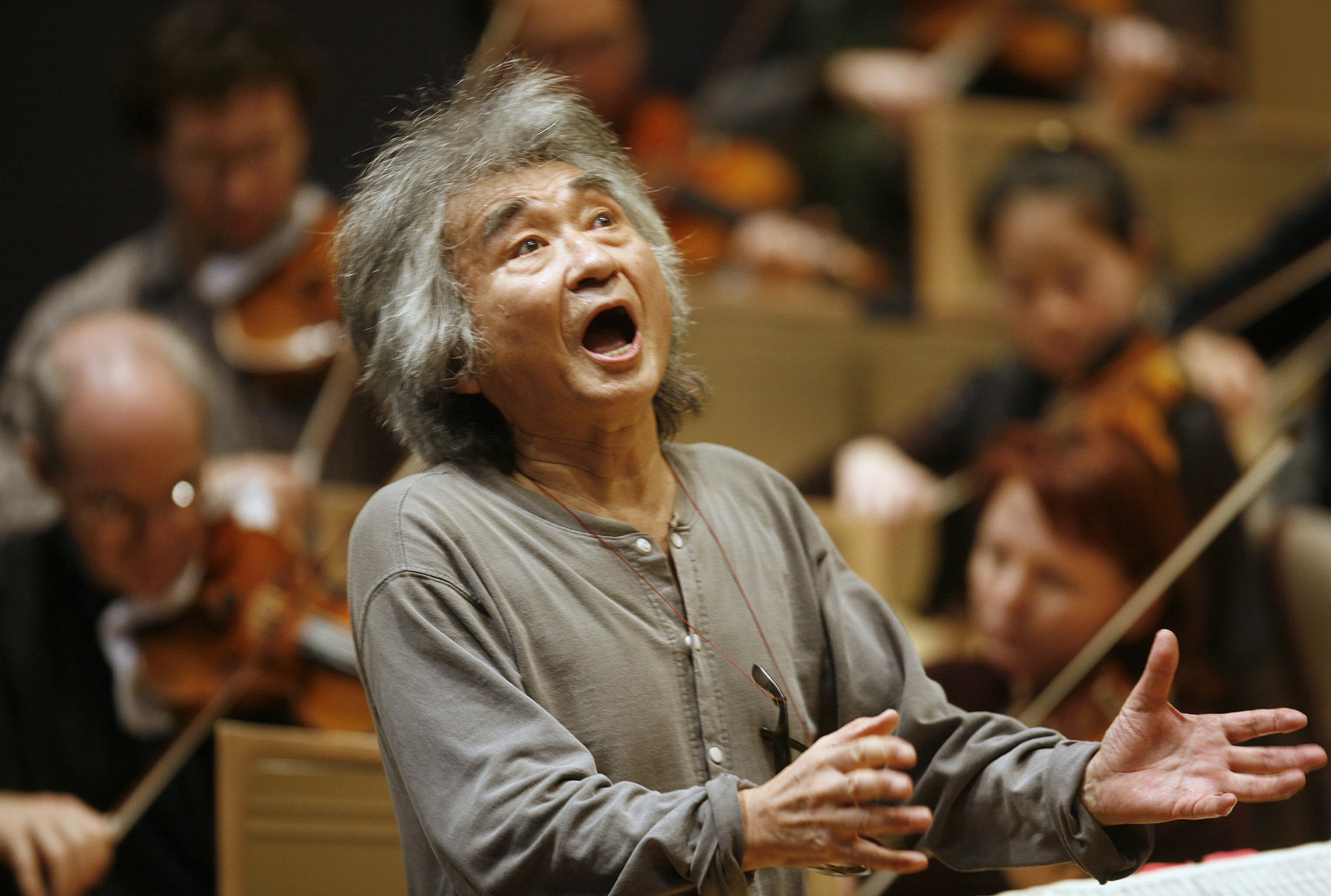 FILE - Former Director of the Boston Symphony Orchestra Seiji Ozawa conducts the orchestra during a rehearsal of Berlioz's "Symphonie Fantastique," at Symphony Hall, in Boston, on Nov. 26, 2008. (AP Photo/Steven Senne, File)