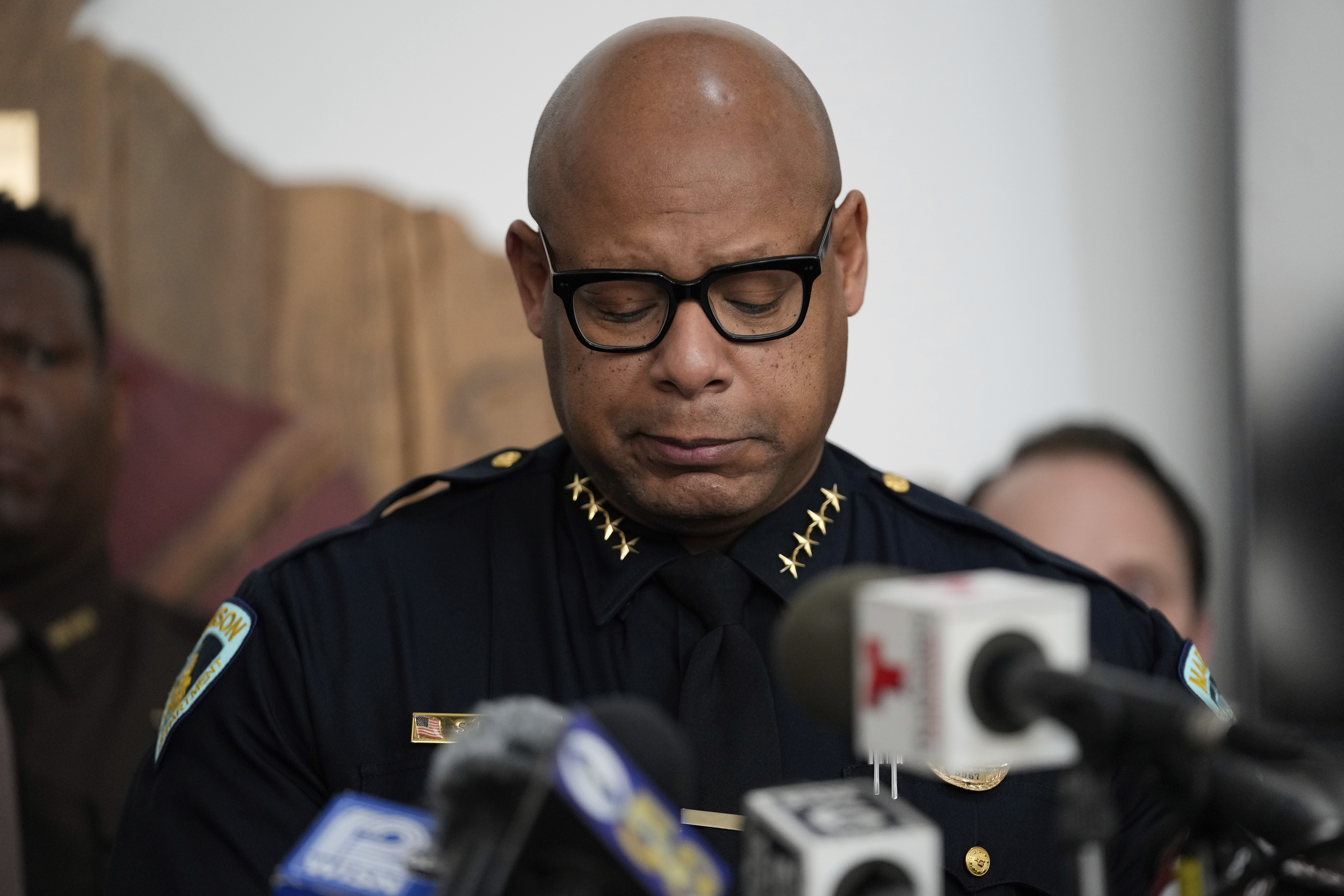 Madison Police chief Shon F. Barnes speaks at a news conference Tuesday, Dec. 17, 2024, in Madison, Wis., following a shooting at the Abundant Life Christian School on Monday. (AP Photo/Nam Y. Huh)