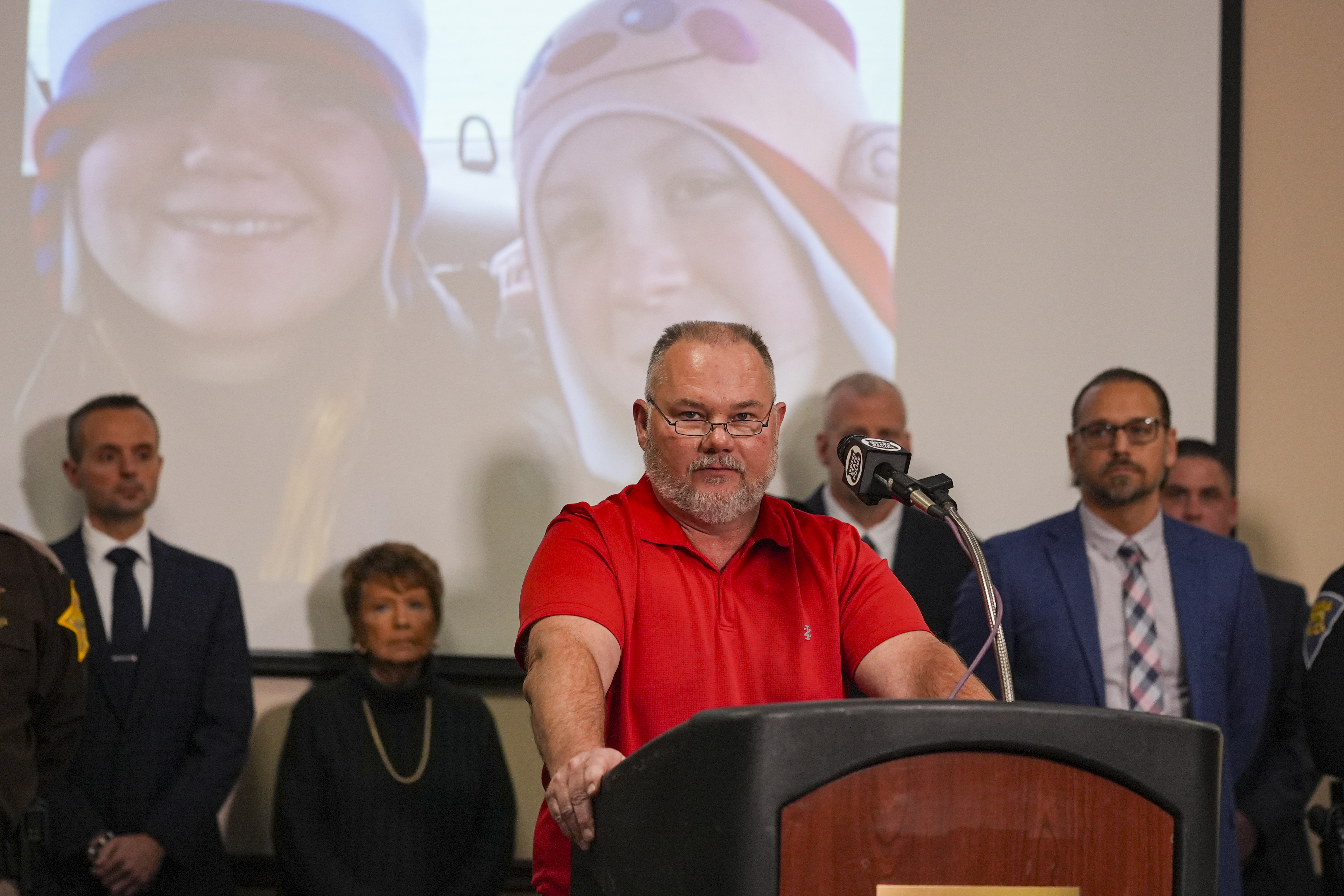 Mike Patty, grandfather, of Liberty German, speaks after the sentencing of Richard Allen in Delphi, Ind., Friday, Dec. 20, 2024. (AP Photo/Michael Conroy)