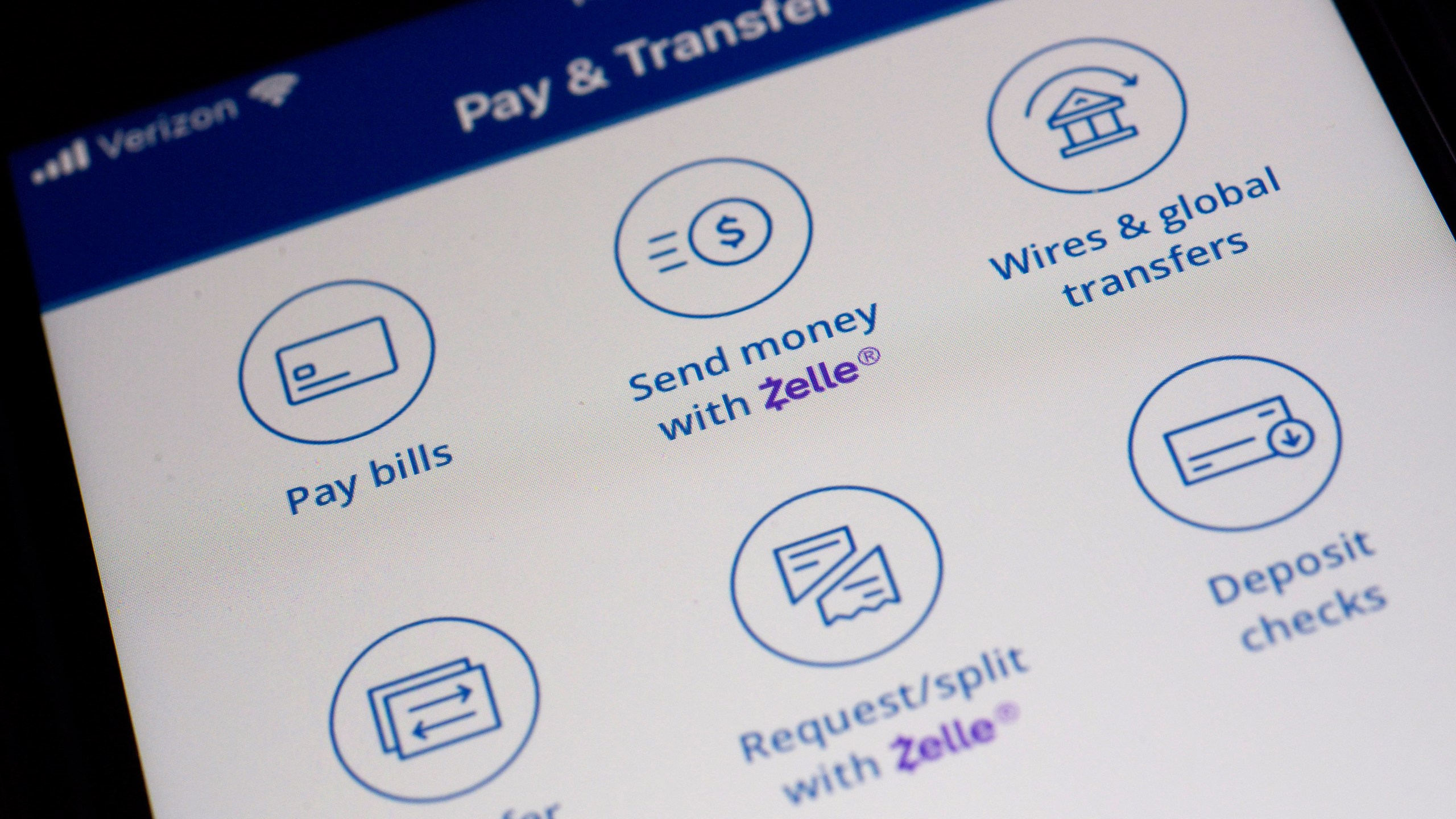 Options to use the Zelle payments network are seen on a Chase mobile banking app in New York on Friday, Dec. 20, 2024. (AP Photo/Patrick Sison)