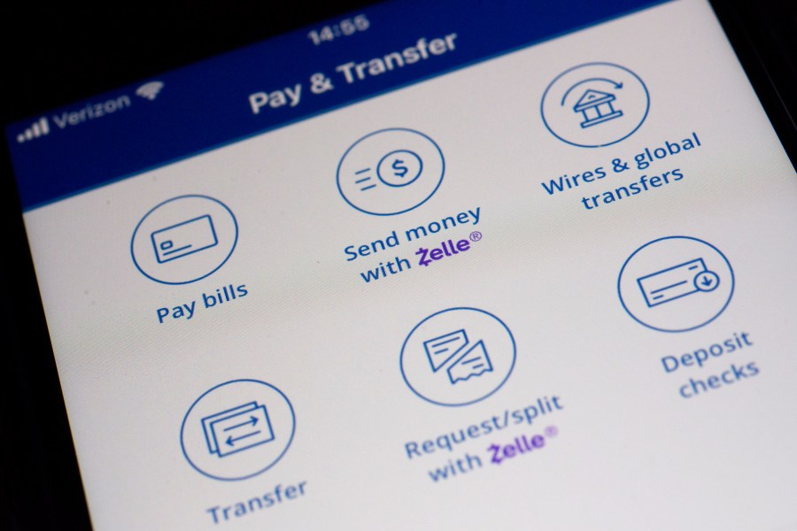 Options to use the Zelle payments network are seen on a Chase mobile banking app in New York on Friday, Dec. 20, 2024. (AP Photo/Patrick Sison)