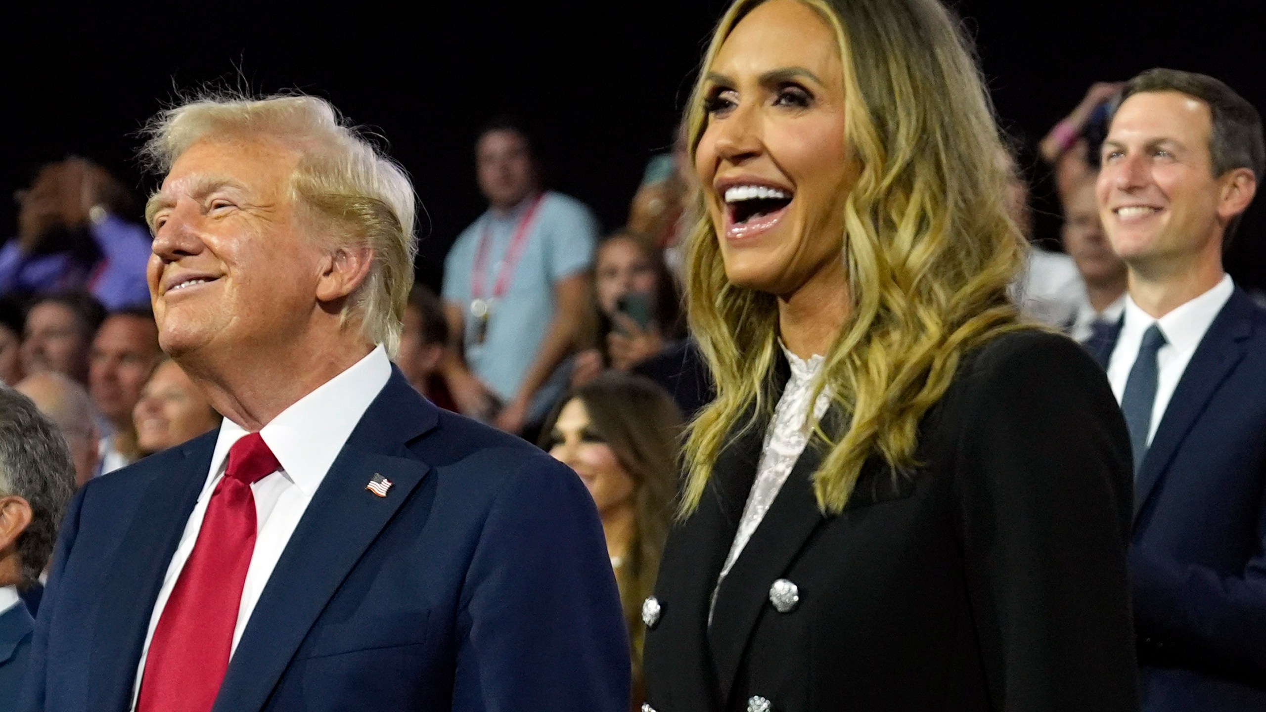 FILE - Republican presidential candidate former President Donald Trump, left, and Republican National Committee co-chair Lara Trump attend the final day of the Republican National Convention, July 18, 2024, in Milwaukee. (AP Photo/Evan Vucci, File)