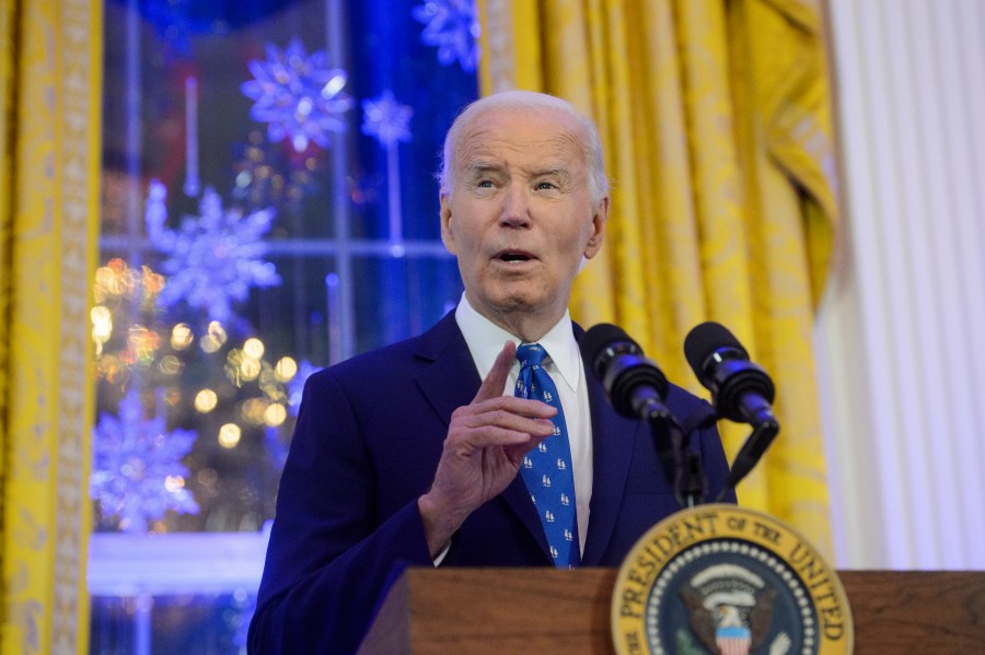 President Joe Biden speaks during a Hanukkah reception in the East Room of the White House in Washington, Monday, Dec. 16, 2024. (AP Photo/Rod Lamkey, Jr.)