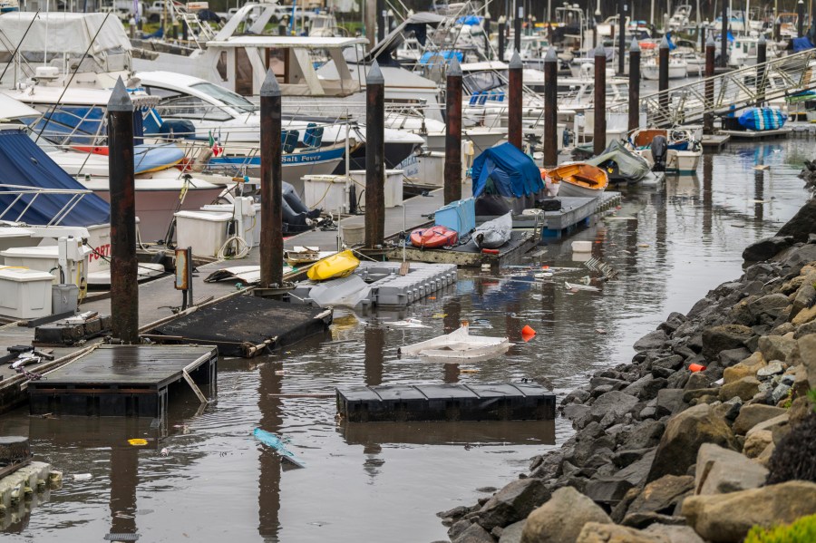 Trash and damaged boat parts float through Santa Cruz Harbor in Santa Cruz, Calif., Tuesday, Dec. 24, 2024. (AP Photo/Nic Coury)