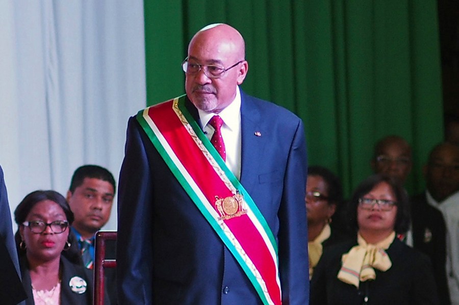 FILE - Suriname's President Desi Bouterse, re-elected to a second, five-year term, attends his swearing-in ceremony in Paramaribo, Suriname, Aug. 12, 2015. (AP Photo/Ertugrul Kilic, File)