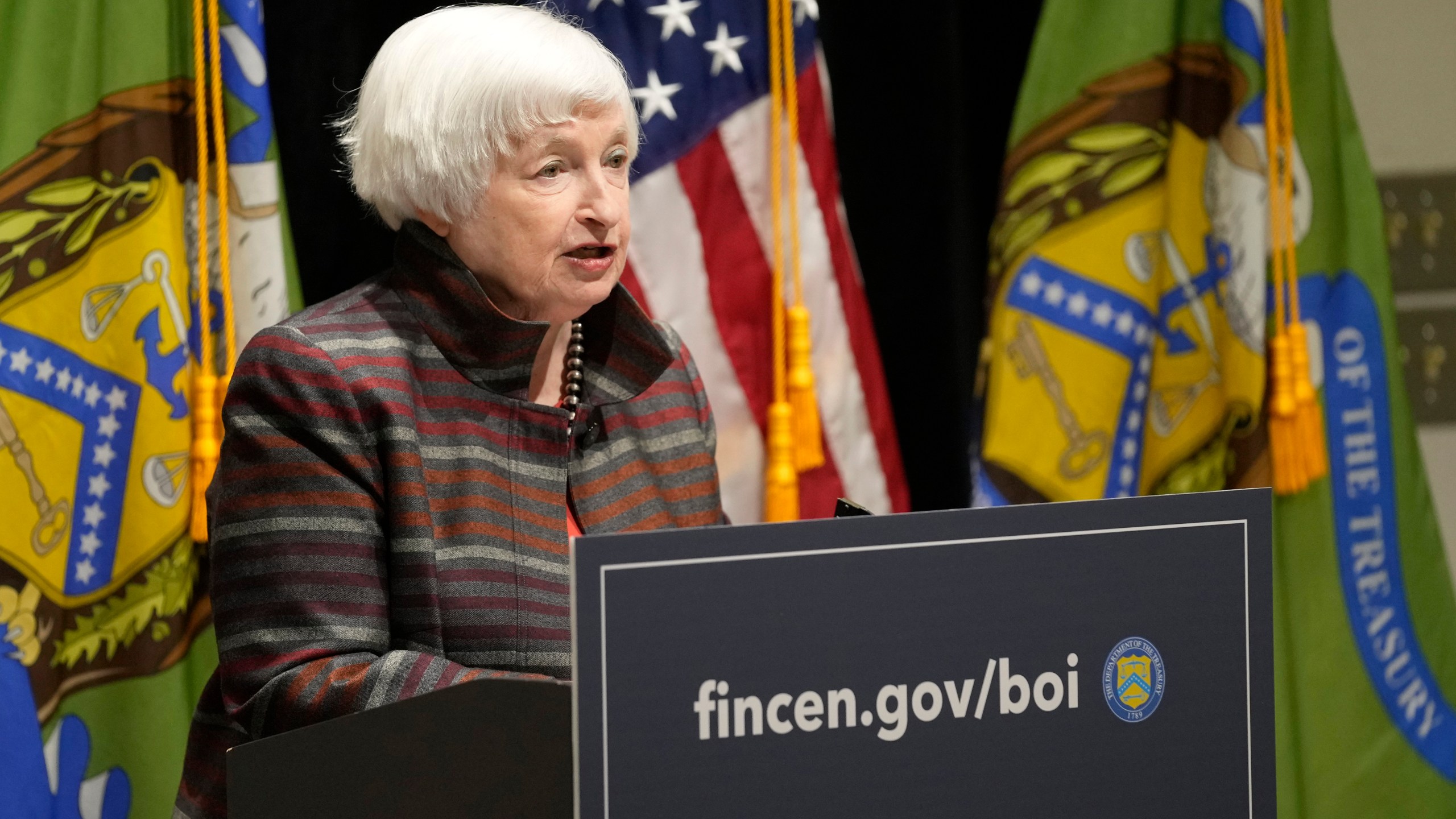 FILE - U.S. Treasury Secretary Janet Yellen speaks during a visit to the Financial Crimes Enforcement Network (FinCEN) in Vienna, Va., on Jan. 8, 2024. (AP Photo/Susan Walsh, File)