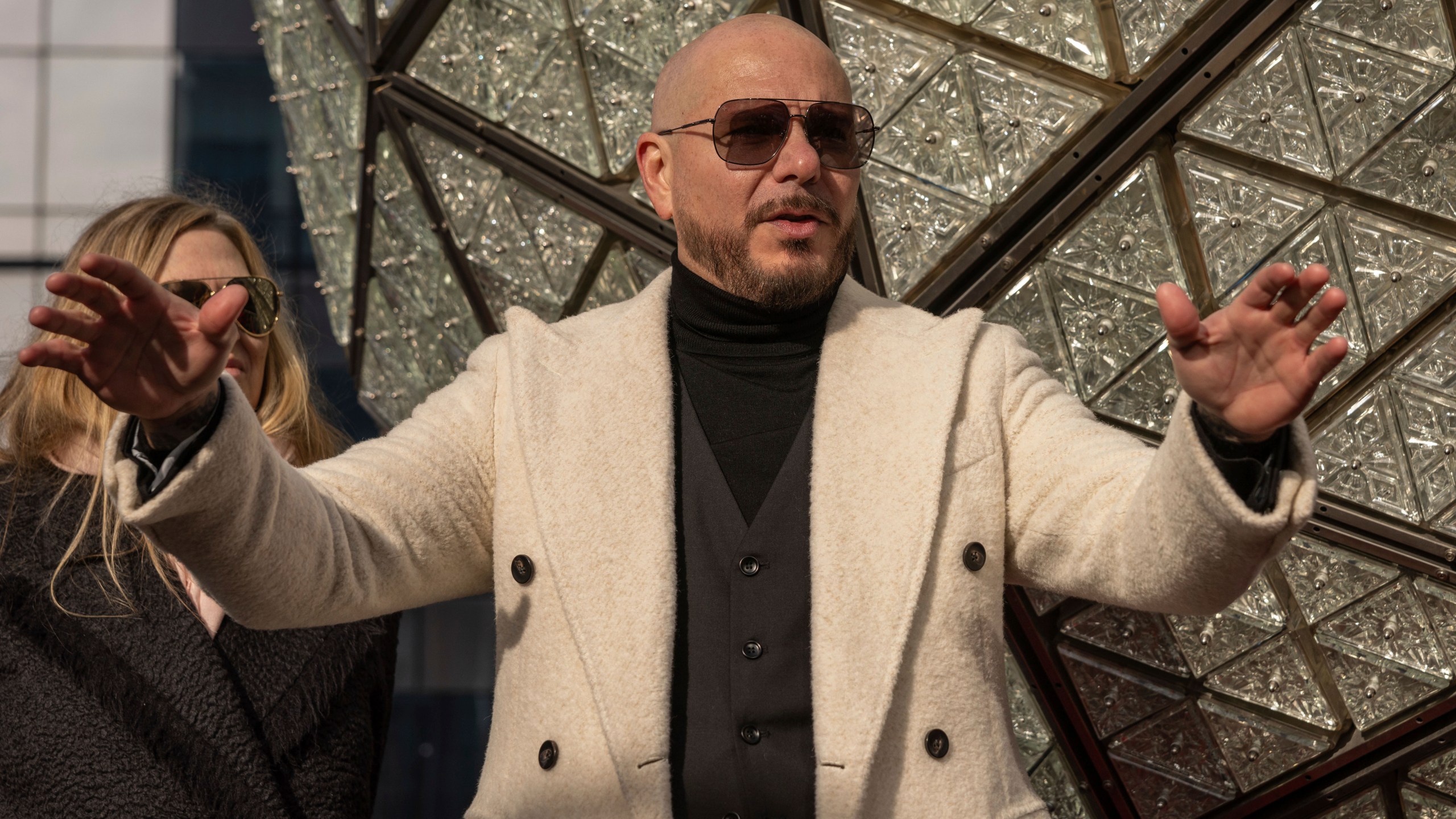 Singer Pitbull attends the Times Square New Year's Eve Ball Crystal Installation at One Times Square, Friday, Dec. 27, 2024, in New York. (AP Photo/Yuki Iwamura)