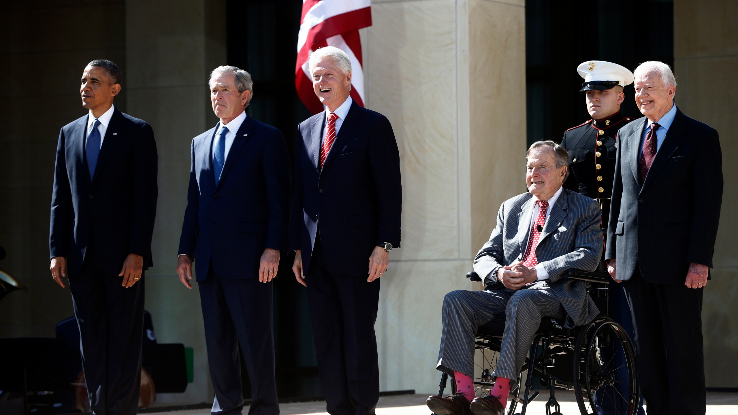 FILE - President Barack Obama, from left, stands with former Presidents George W. Bush, Bill Clinton, George H.W. Bush and Jimmy Carter at the dedication of the George W. Bush Presidential Library on the campus of Southern Methodist University in Dallas, April 25, 2013. (AP Photo/Charles Dharapak, File)