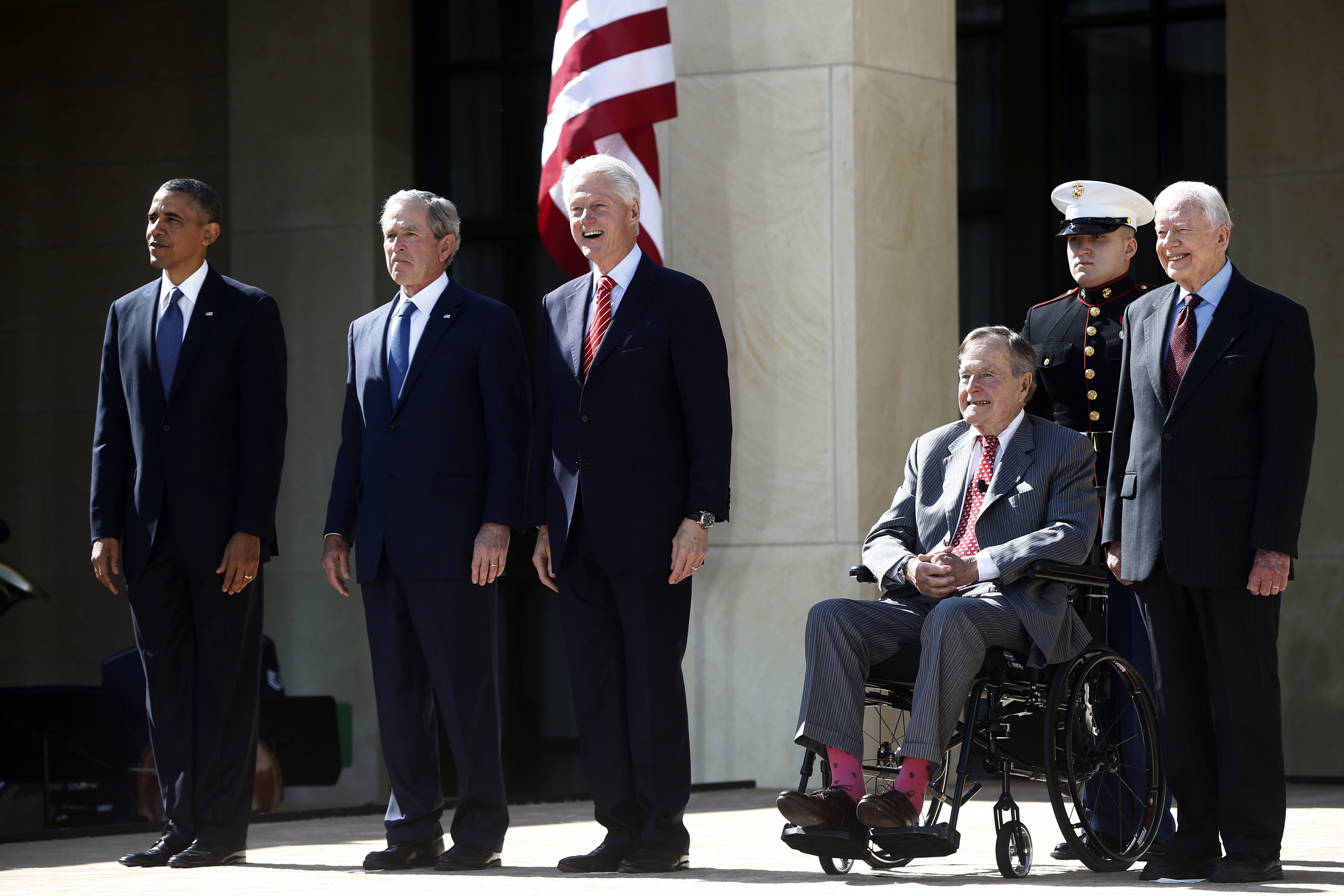 FILE - President Barack Obama, from left, stands with former Presidents George W. Bush, Bill Clinton, George H.W. Bush and Jimmy Carter at the dedication of the George W. Bush Presidential Library on the campus of Southern Methodist University in Dallas, April 25, 2013. (AP Photo/Charles Dharapak, File)