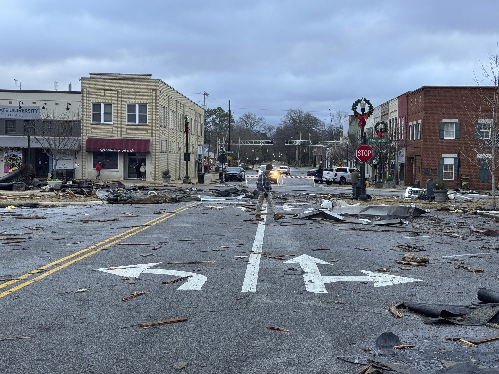 Damage from a storm through that rolled through the night before is seen at the heart of downtown on Sunday, Dec. 29, 2024, in Athens, Ala. (AP Photo/Lance George)