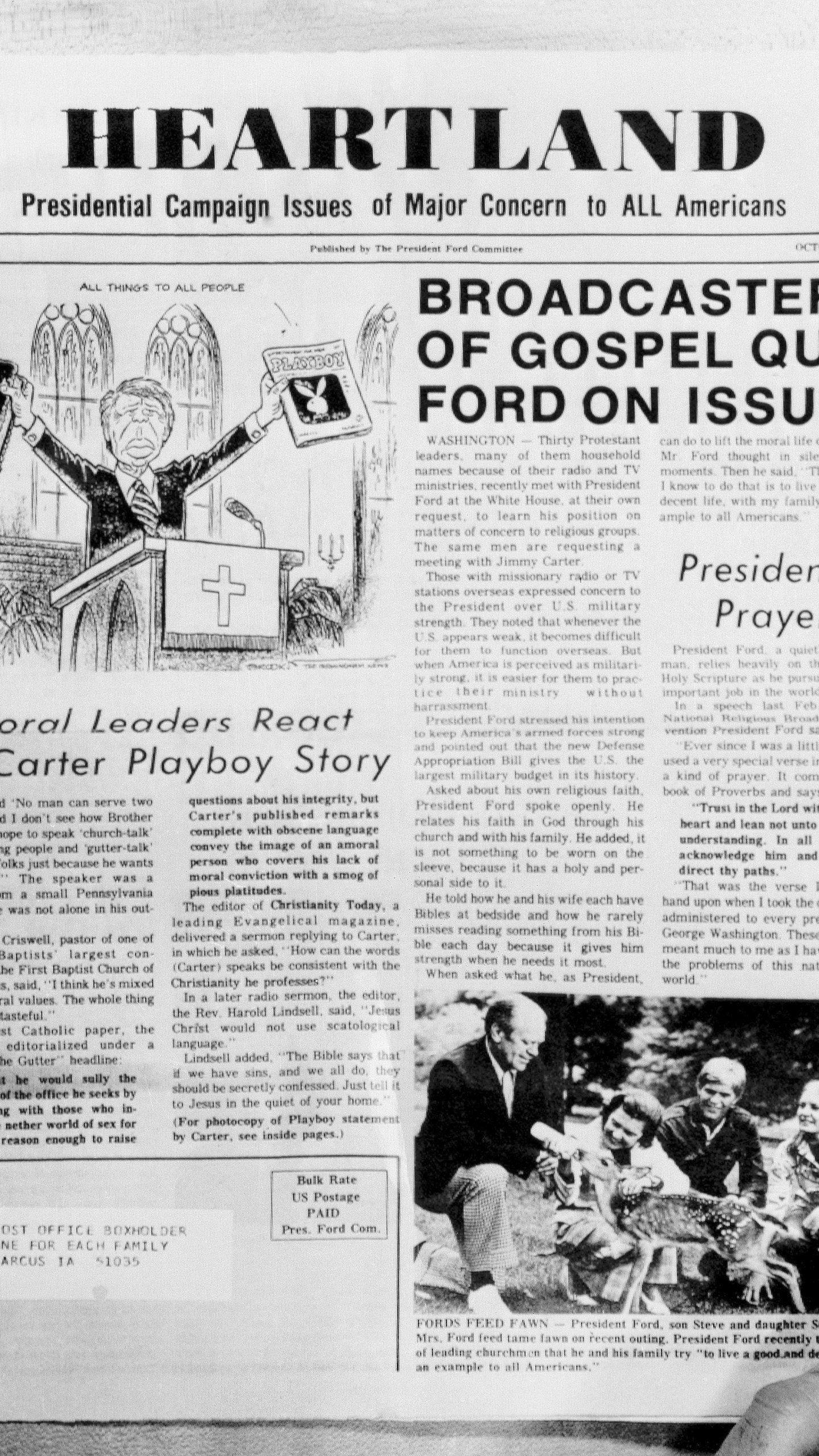 FILE - The front page of a publication mailed to rural Iowans by then-President Gerald Ford's campaign committee is seen on Oct. 26, 1976, in Des Moines, Iowa. The cartoon shows Carter in the pulpit waving the Bible and copy of Playboy magazine. (AP Photo, File)