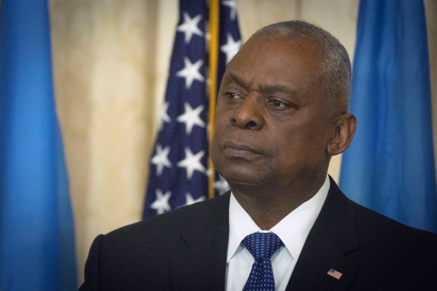 FILE - US Secretary of Defence Lloyd Austin makes a speech at Diplomatic Academy of Ukraine in Kyiv, Ukraine, Monday, Oct. 21, 2024. (AP Photo/Efrem Lukatsky, File)