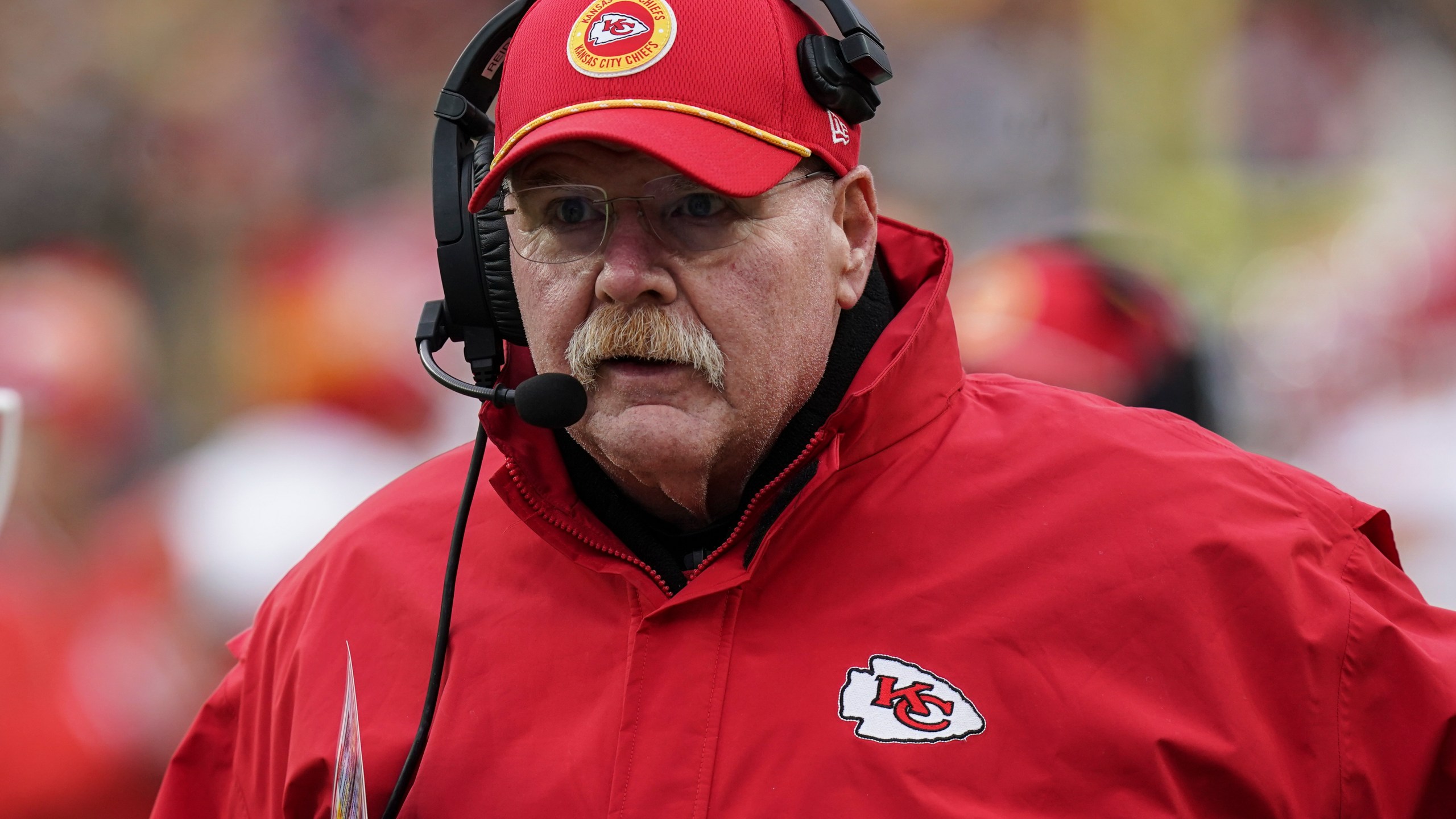 Kansas City Chiefs head coach Andy Reid walks on the sidelines during the second half of an NFL football game against the Pittsburgh Steelers, Wednesday, Dec. 25, 2024, in Pittsburgh. (AP Photo/Matt Freed)