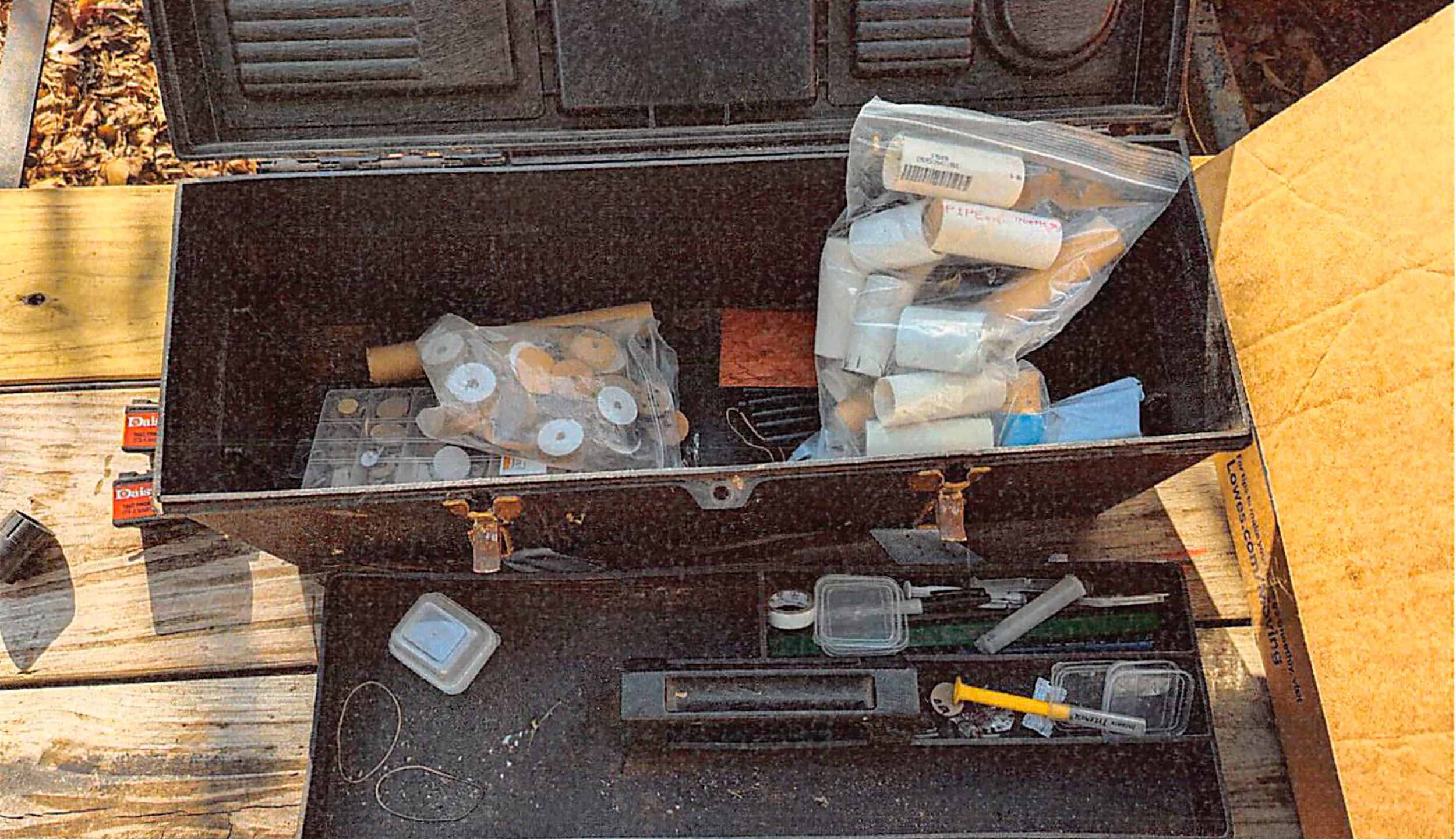 This image provided by U.S. Attorney’s Office, Eastern District of Virginia shows a stockpile of homemade explosives Federal agents seized when they arrested Brad Spafford, a Virginia man on a firearms charge in Dec. 2024. (U.S. Attorney’s Office, Eastern District of Virginia via AP)