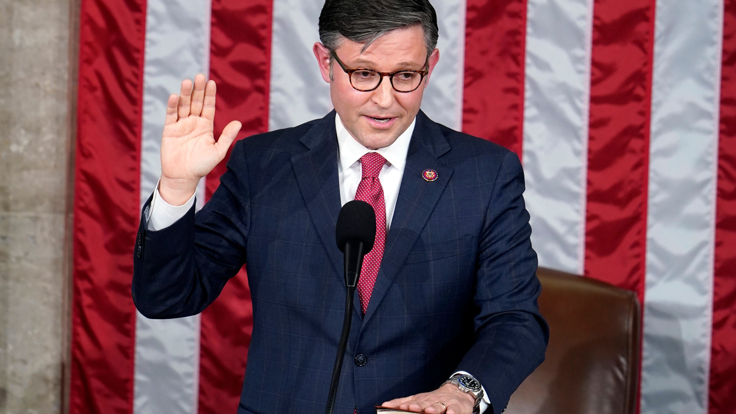 FILE - Rep. Mike Johnson, R-La., takes the oath to be the new House speaker from the Dean of the House Rep. Hal Rogers, R-Ky., at the Capitol in Washington, Wednesday, Oct. 25, 2023. (AP Photo/Alex Brandon, File)