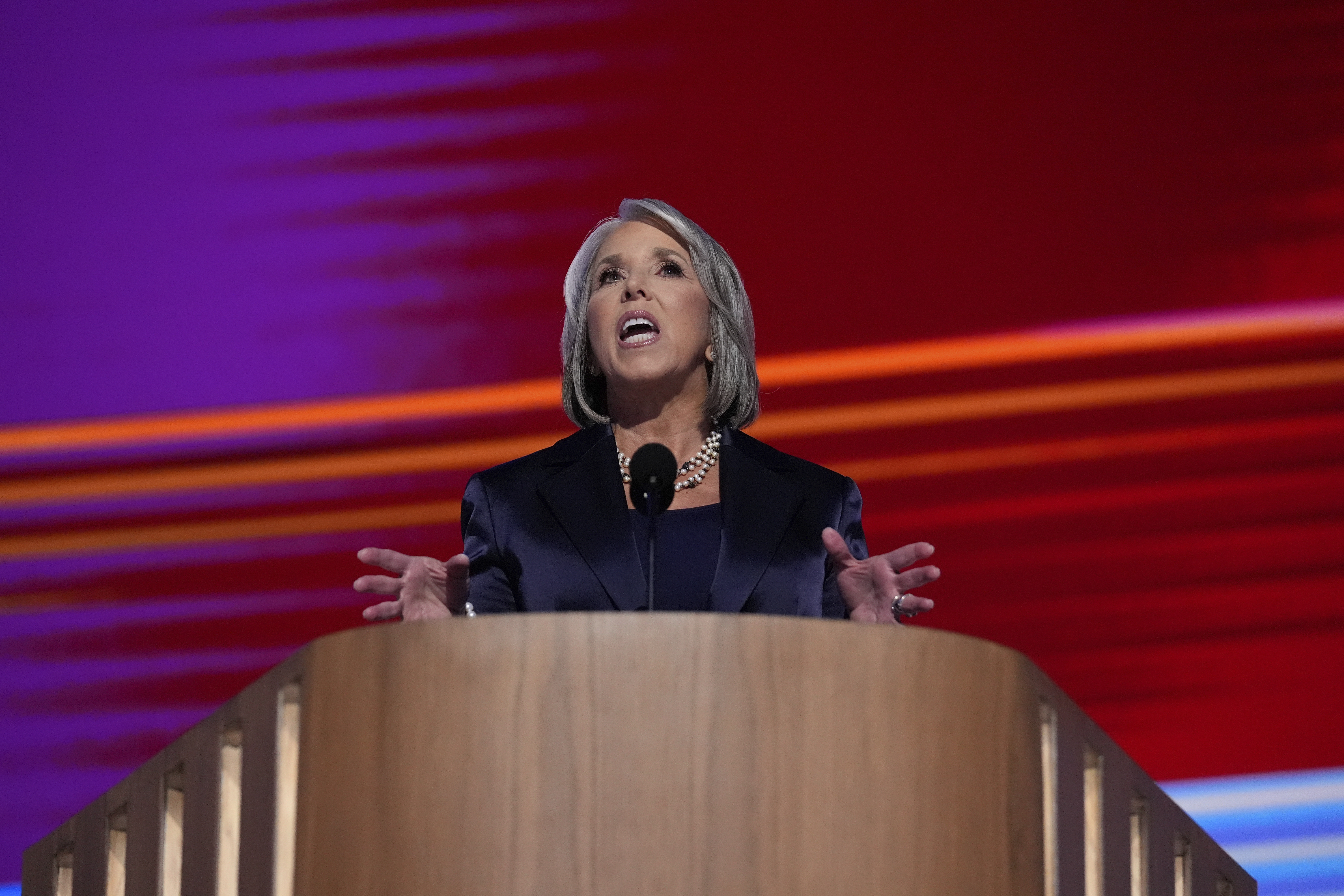 FILE - New Mexico Gov. Michelle Lujan Grisham speaks during the Democratic National Convention, Aug. 20, 2024, in Chicago. (AP Photo/Brynn Anderson, File)