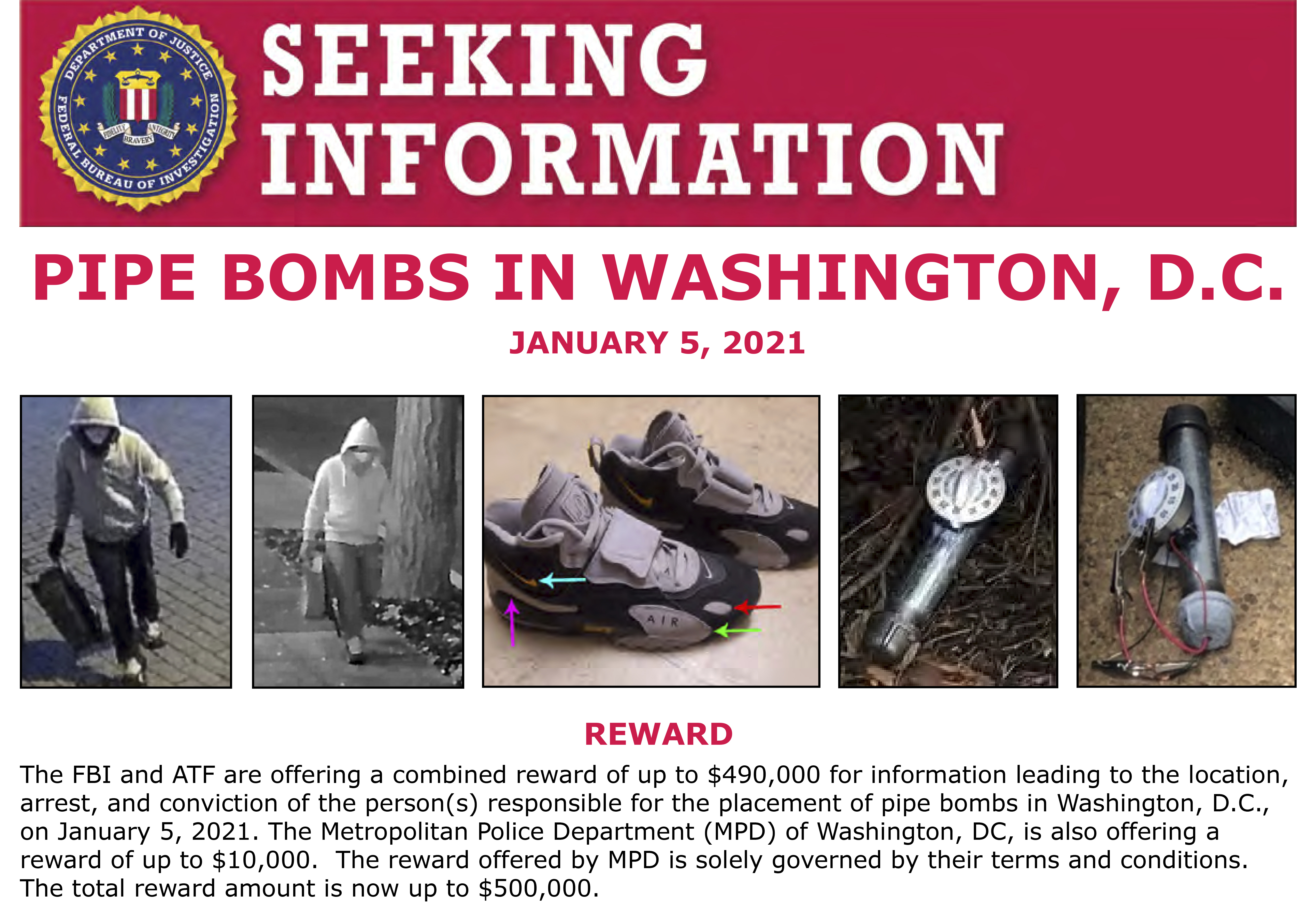 This image shows part of a "Seeking Information" notice released by the Federal Bureau of Investigation regarding pipe bombs planted outside offices of the Democratic and Republican national committees in Washington on Jan. 5, 2021, on the eve of the attack on the Capitol. (FBI via AP)