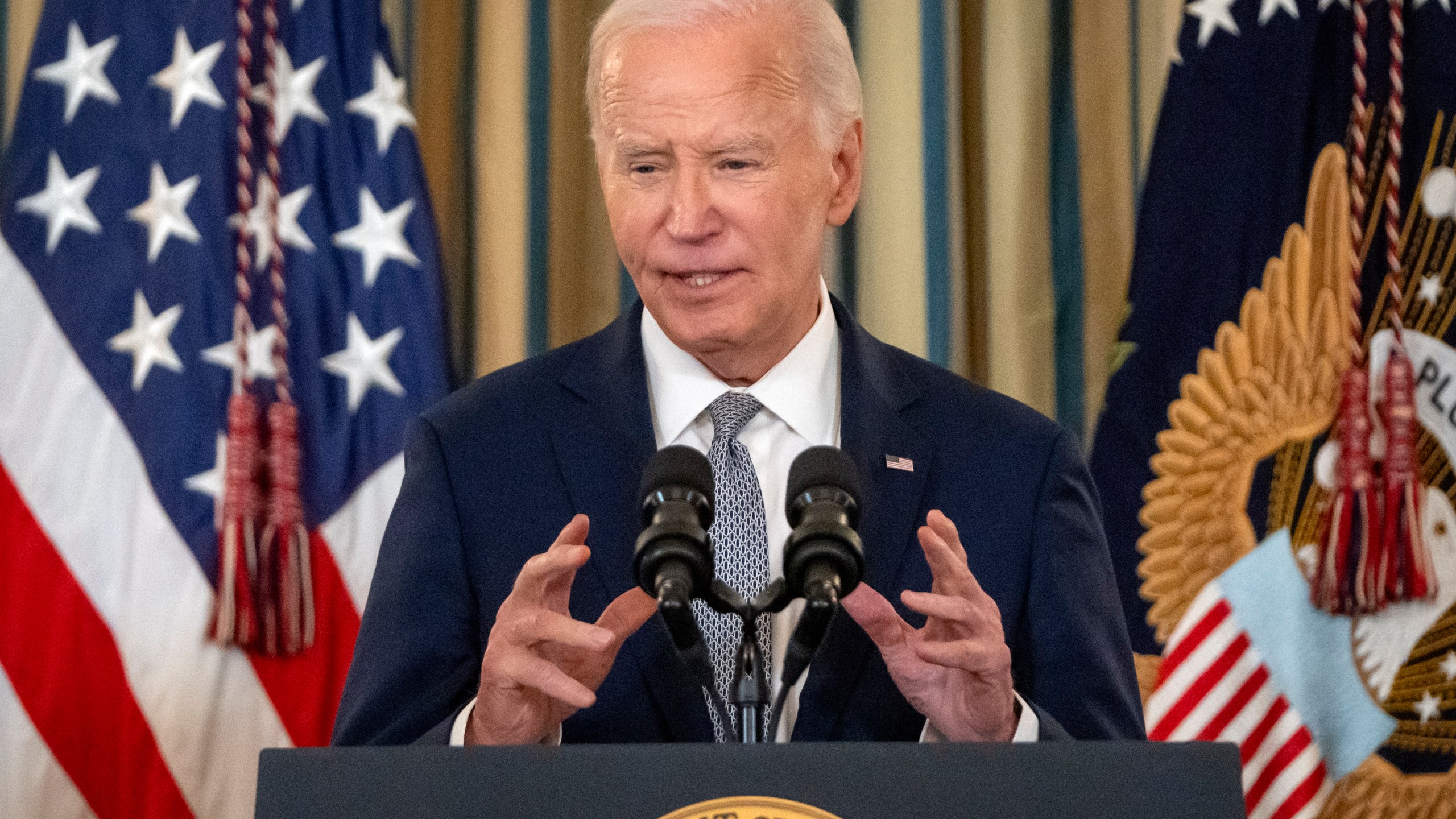 President Joe Biden speaks about the latest developments in New Orleans and Las Vegas during an event in the State Dining Room at the White House, Thursday, Jan. 2, 2025, in Washington. (AP Photo/Mark Schiefelbein)