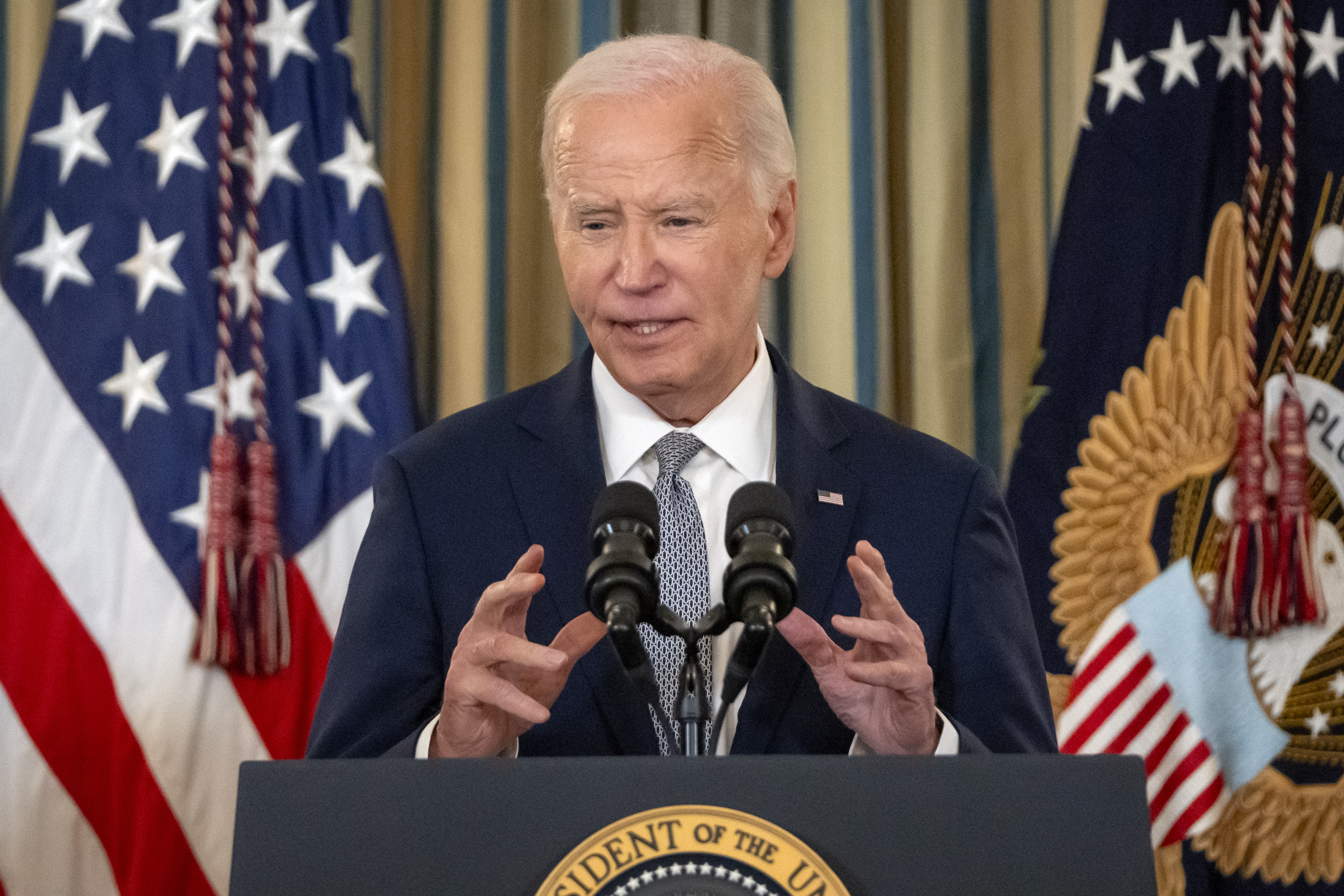 President Joe Biden speaks about the latest developments in New Orleans and Las Vegas during an event in the State Dining Room at the White House, Thursday, Jan. 2, 2025, in Washington. (AP Photo/Mark Schiefelbein)