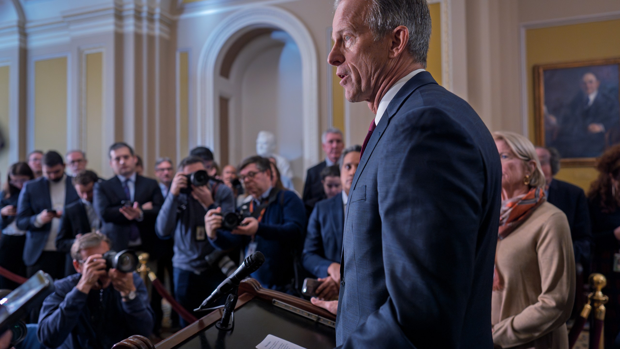 Senate Minority Whip John Thune, R-S.D., speaks to reporters following a closed-door strategy session, at the Capitol in Washington, Tuesday, Dec. 17, 2024. (AP Photo/J. Scott Applewhite)