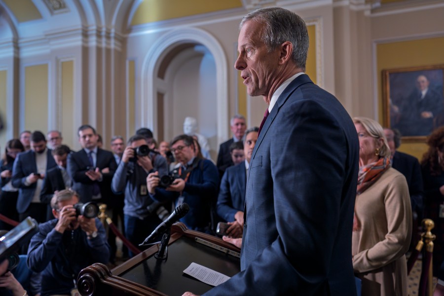 Senate Minority Whip John Thune, R-S.D., speaks to reporters following a closed-door strategy session, at the Capitol in Washington, Tuesday, Dec. 17, 2024. (AP Photo/J. Scott Applewhite)