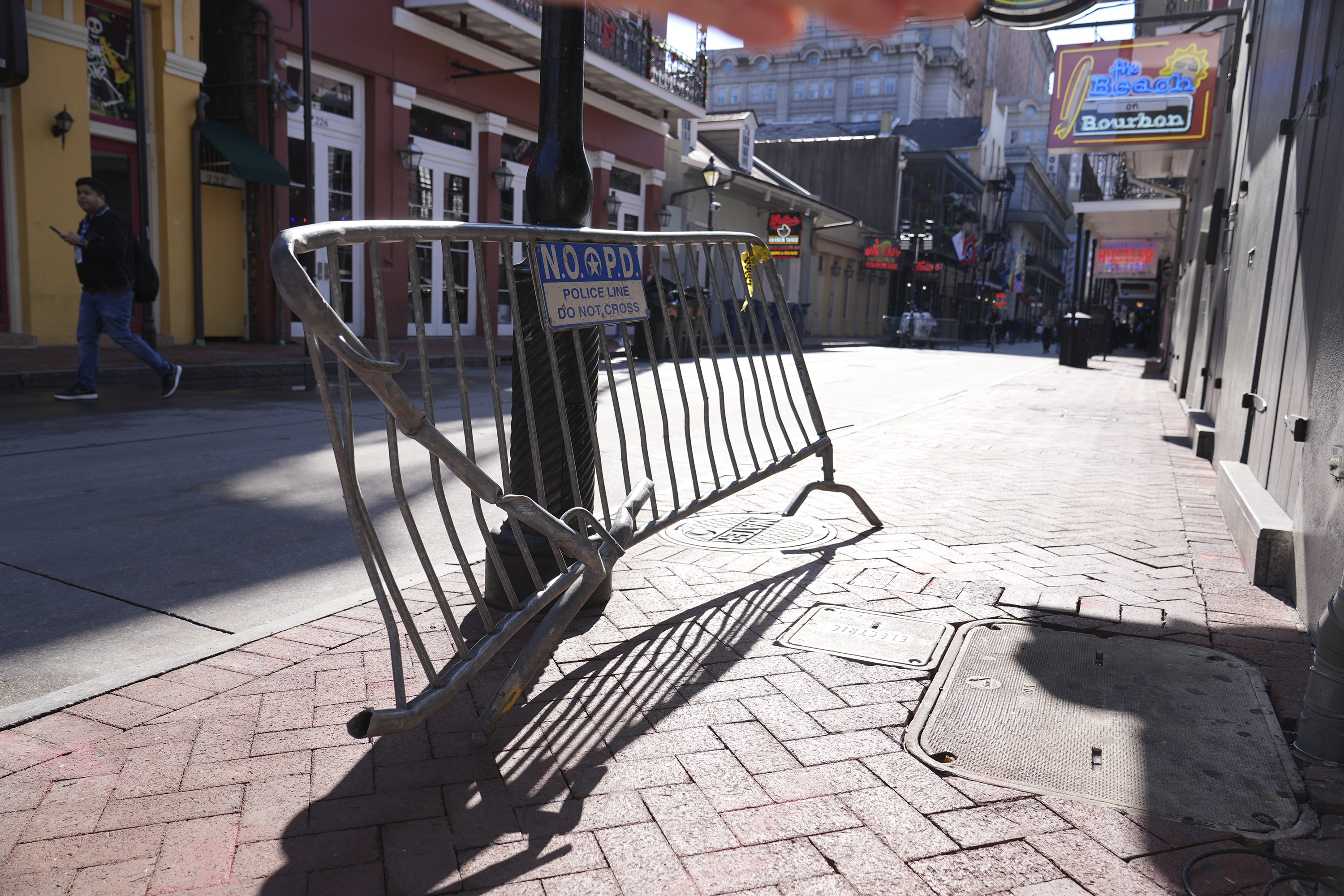 FILE - The barricade that Shamsud-Din Jabbar hit with his truck while driving into a crowd on New Year's Day is seen on Bourbon Street, Thursday, Jan. 2, 2025, in New Orleans. (AP Photo/George Walker IV, File)